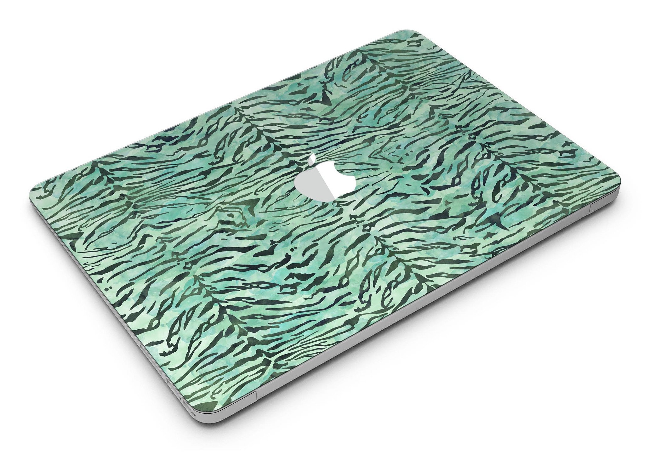 Green Watercolor Tiger Pattern MacBook Air Skin Kit showcasing vibrant colors and intricate design.