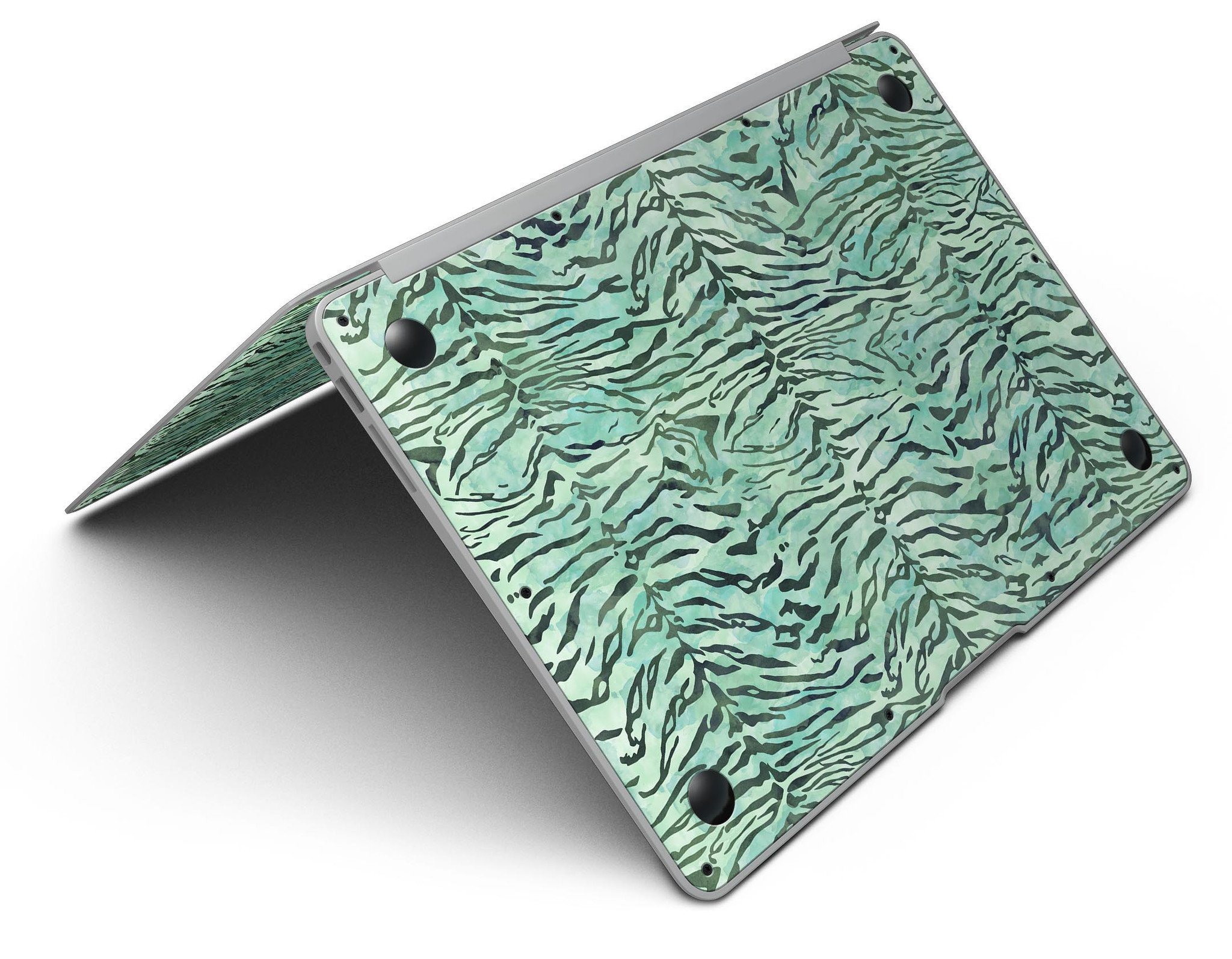 Green Watercolor Tiger Pattern MacBook Air Skin Kit showcasing vibrant colors and intricate design.