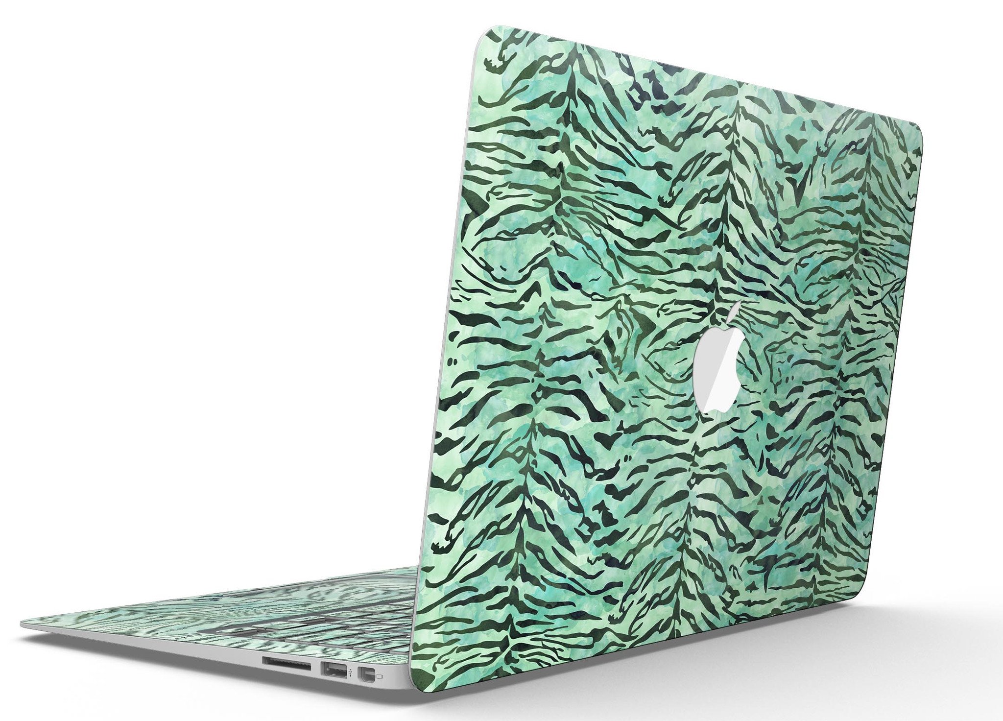 Green Watercolor Tiger Pattern MacBook Air Skin Kit showcasing vibrant colors and intricate design.
