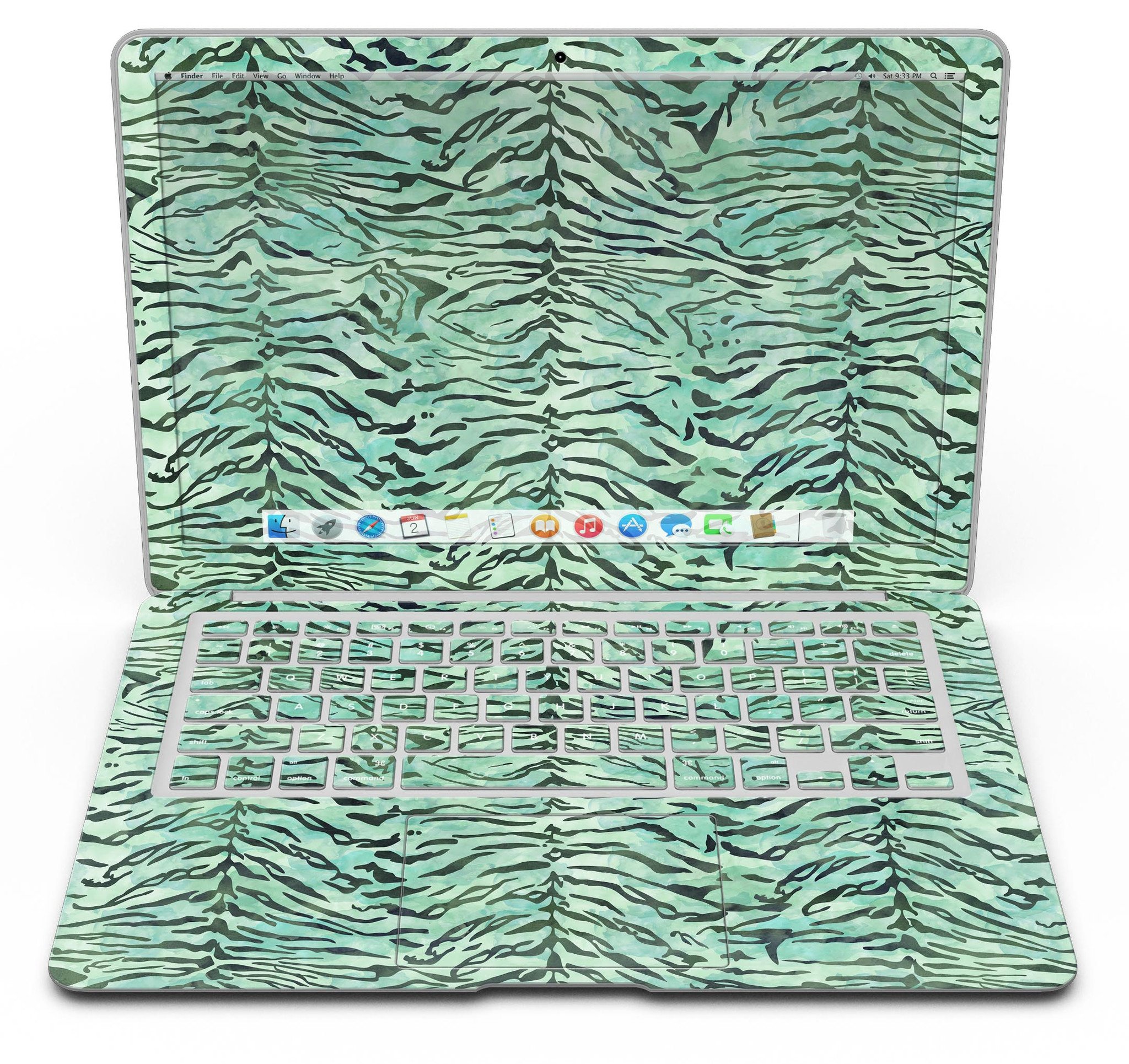 Green Watercolor Tiger Pattern MacBook Air Skin Kit showcasing vibrant colors and intricate design.