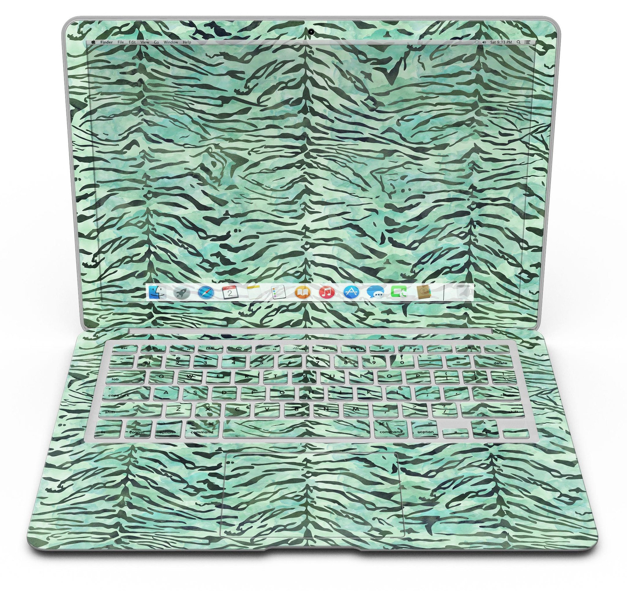 Green Watercolor Tiger Pattern MacBook Air Skin Kit showcasing vibrant colors and intricate design.