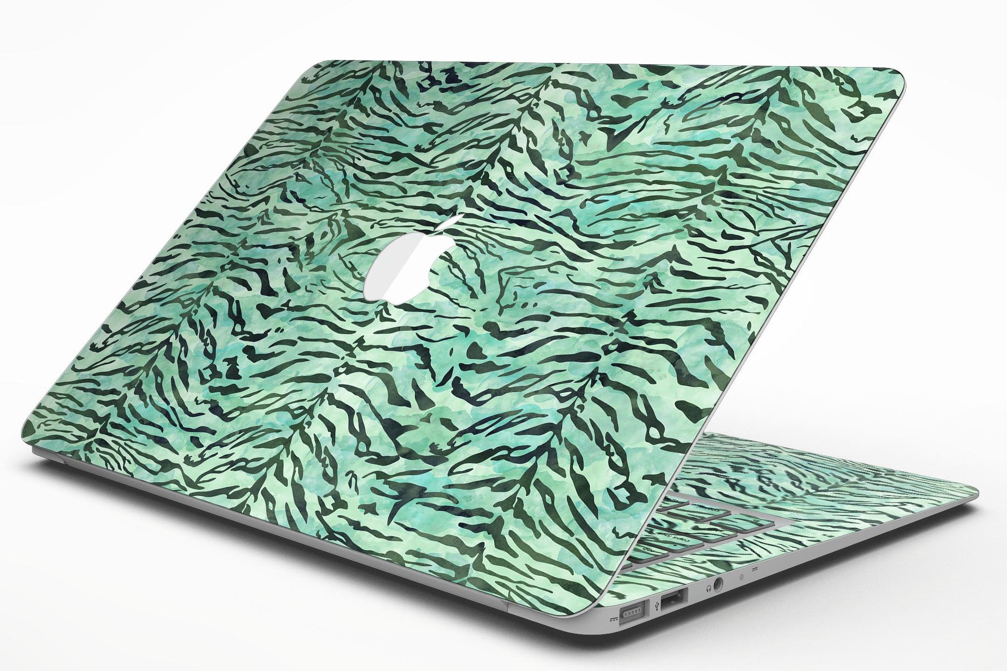 Green Watercolor Tiger Pattern MacBook Air Skin Kit showcasing vibrant colors and intricate design.