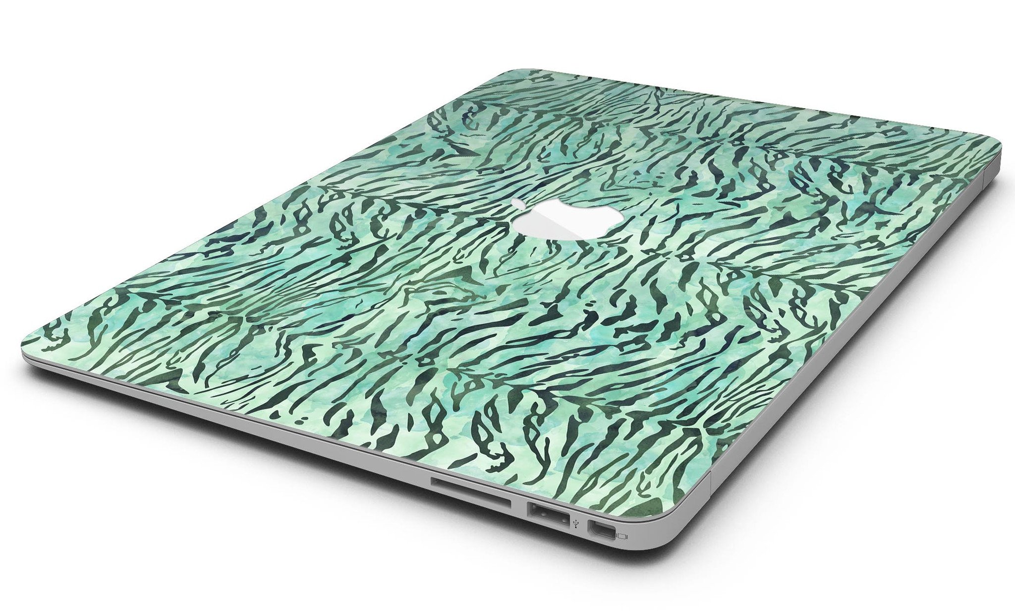 Green Watercolor Tiger Pattern MacBook Air Skin Kit showcasing vibrant colors and intricate design.