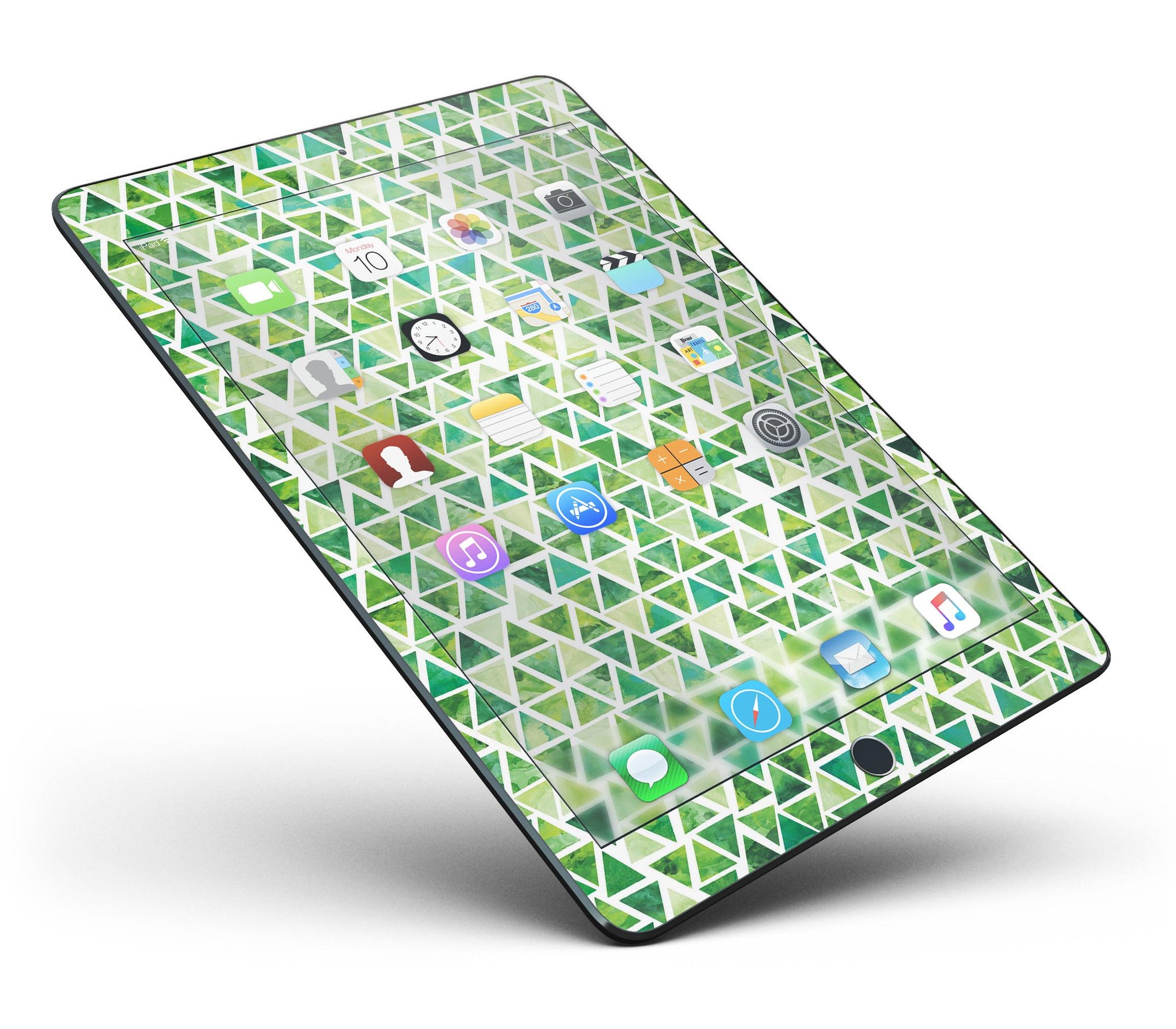 Green Watercolor Triangle Pattern Full Body Skin for iPad Pro, showcasing vibrant colors and a stylish design.