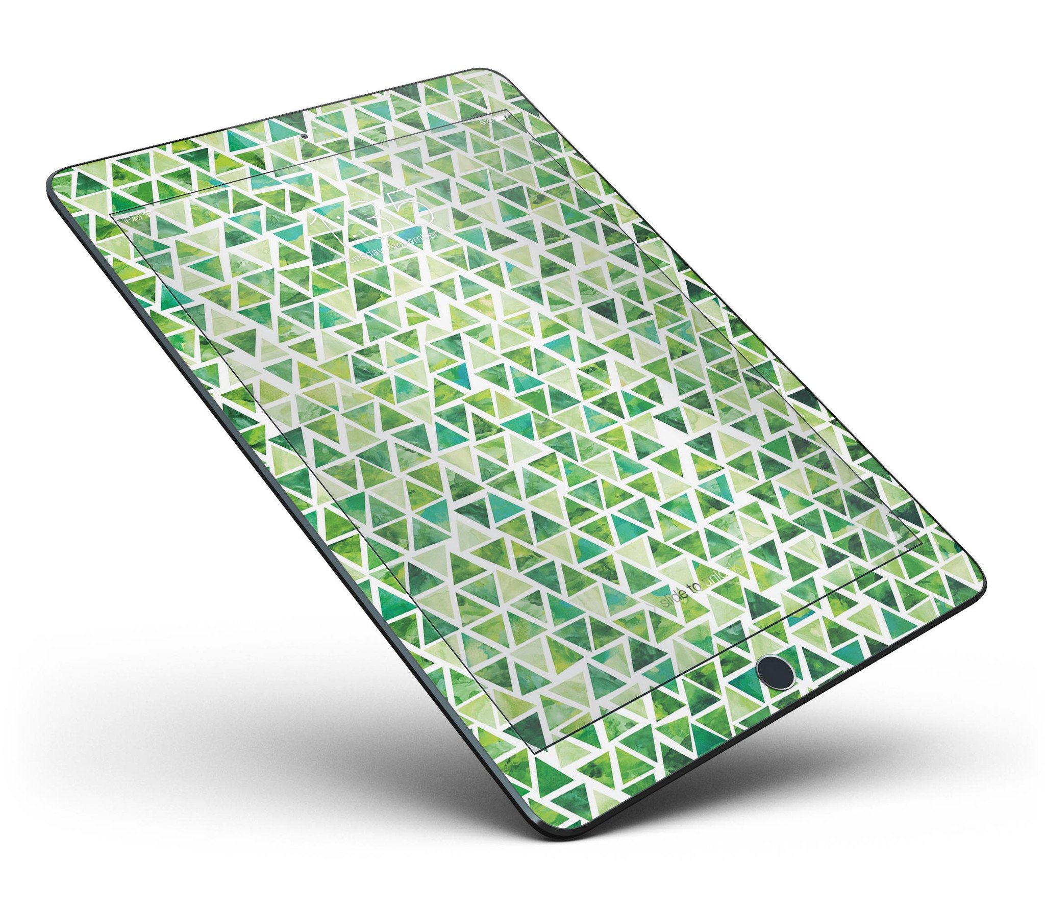 Green Watercolor Triangle Pattern Full Body Skin for iPad Pro, showcasing vibrant colors and a stylish design.