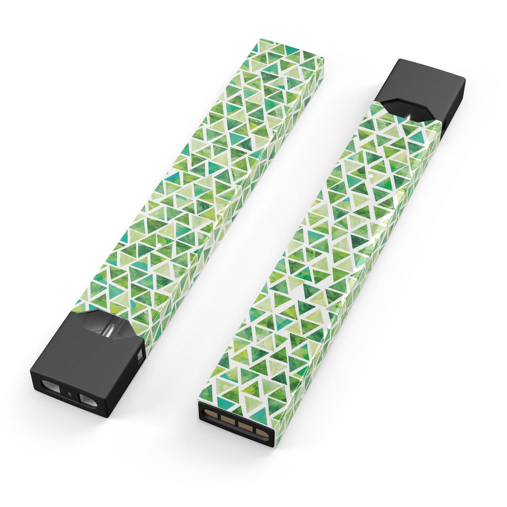Green Watercolor Triangle Pattern skin-wrap for JUUL vaping device, showcasing vibrant colors and precise cut.