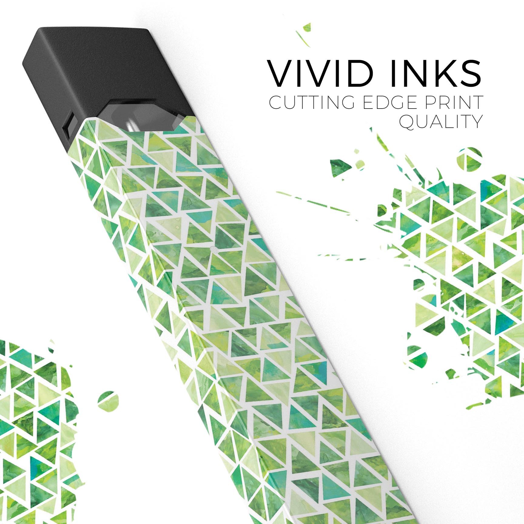 Green Watercolor Triangle Pattern skin-wrap for JUUL vaping device, showcasing vibrant colors and precise cut.