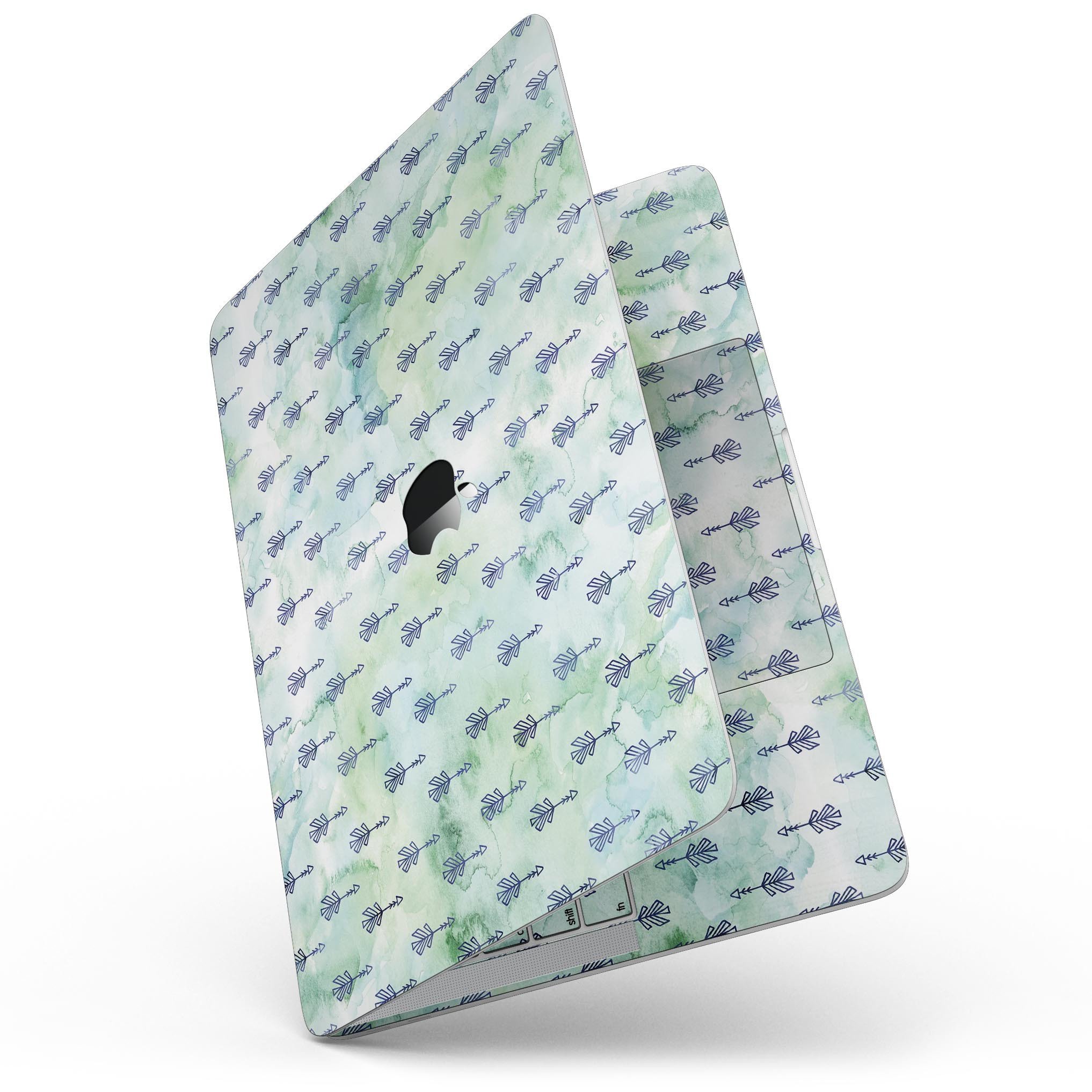 Green Watercolor Tribal Arrow Pattern skin for 13" MacBook Pro without Touch Bar, showcasing vibrant colors and intricate tribal design.