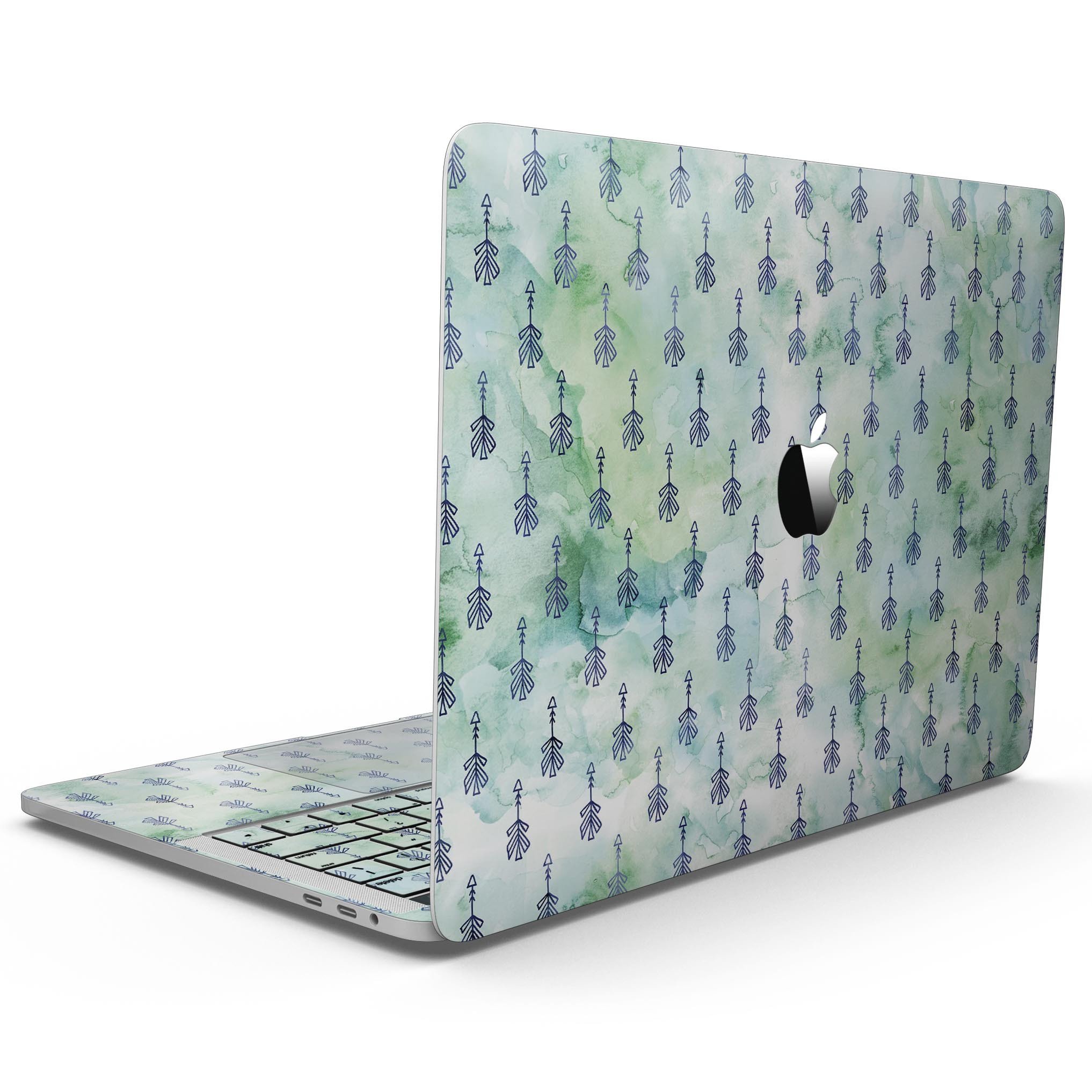 Green Watercolor Tribal Arrow Pattern skin for 13" MacBook Pro without Touch Bar, showcasing vibrant colors and intricate tribal design.