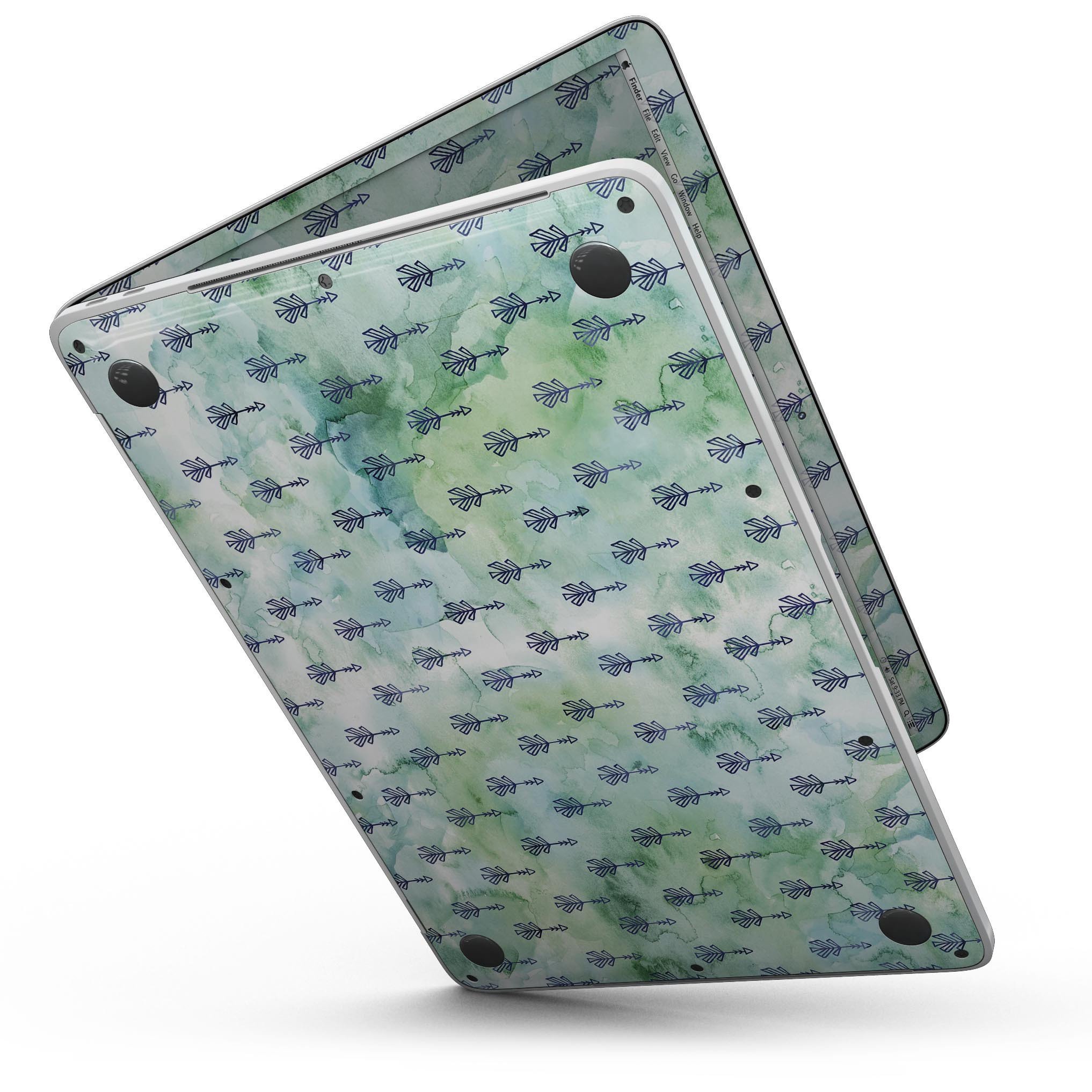 Green Watercolor Tribal Arrow Pattern skin for 13" MacBook Pro without Touch Bar, showcasing vibrant colors and intricate tribal design.