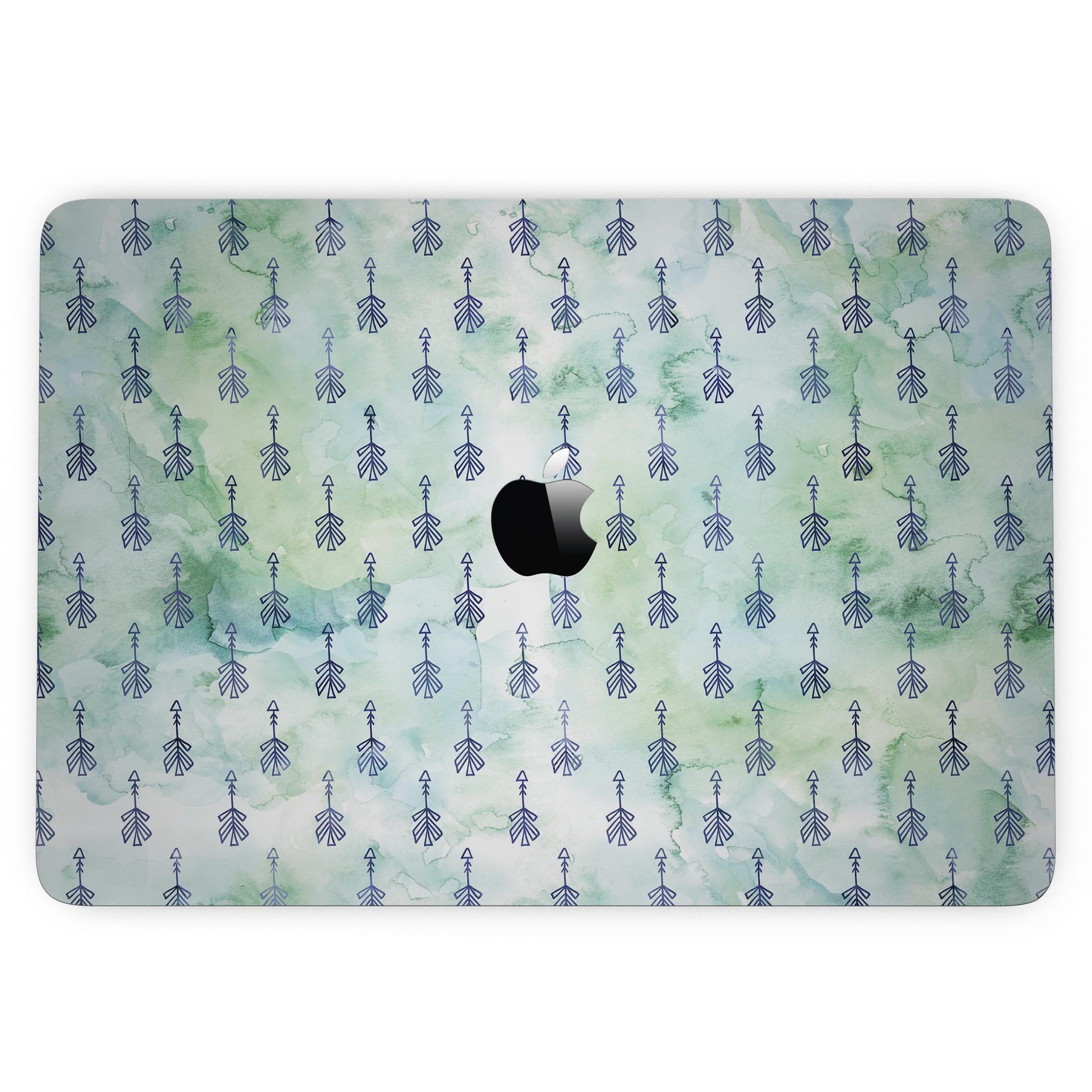 Green Watercolor Tribal Arrow Pattern skin for 13" MacBook Pro without Touch Bar, showcasing vibrant colors and intricate tribal design.