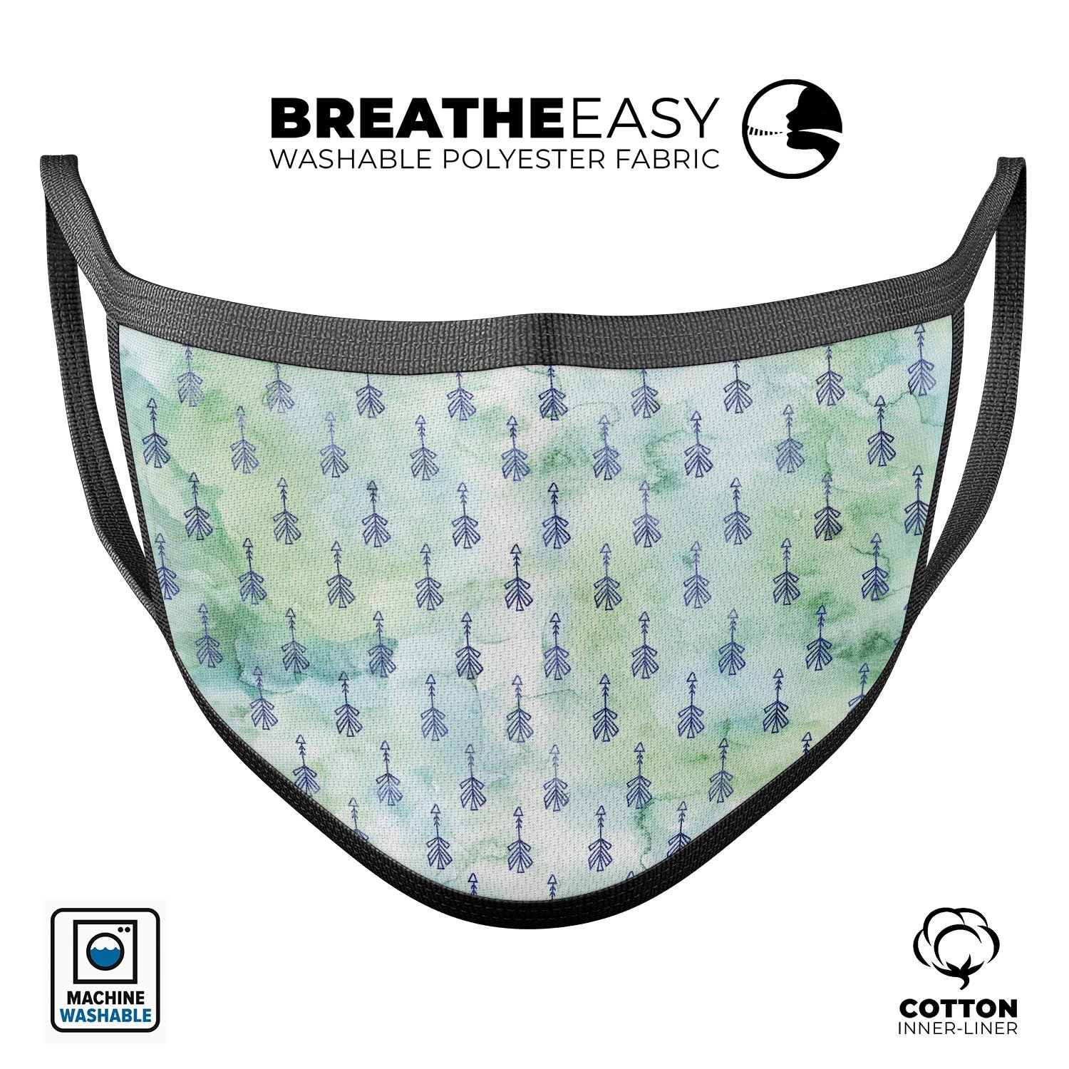 Green Watercolor Tribal Arrow Pattern mouth cover, showcasing vibrant colors and unique tribal design, made in the USA.