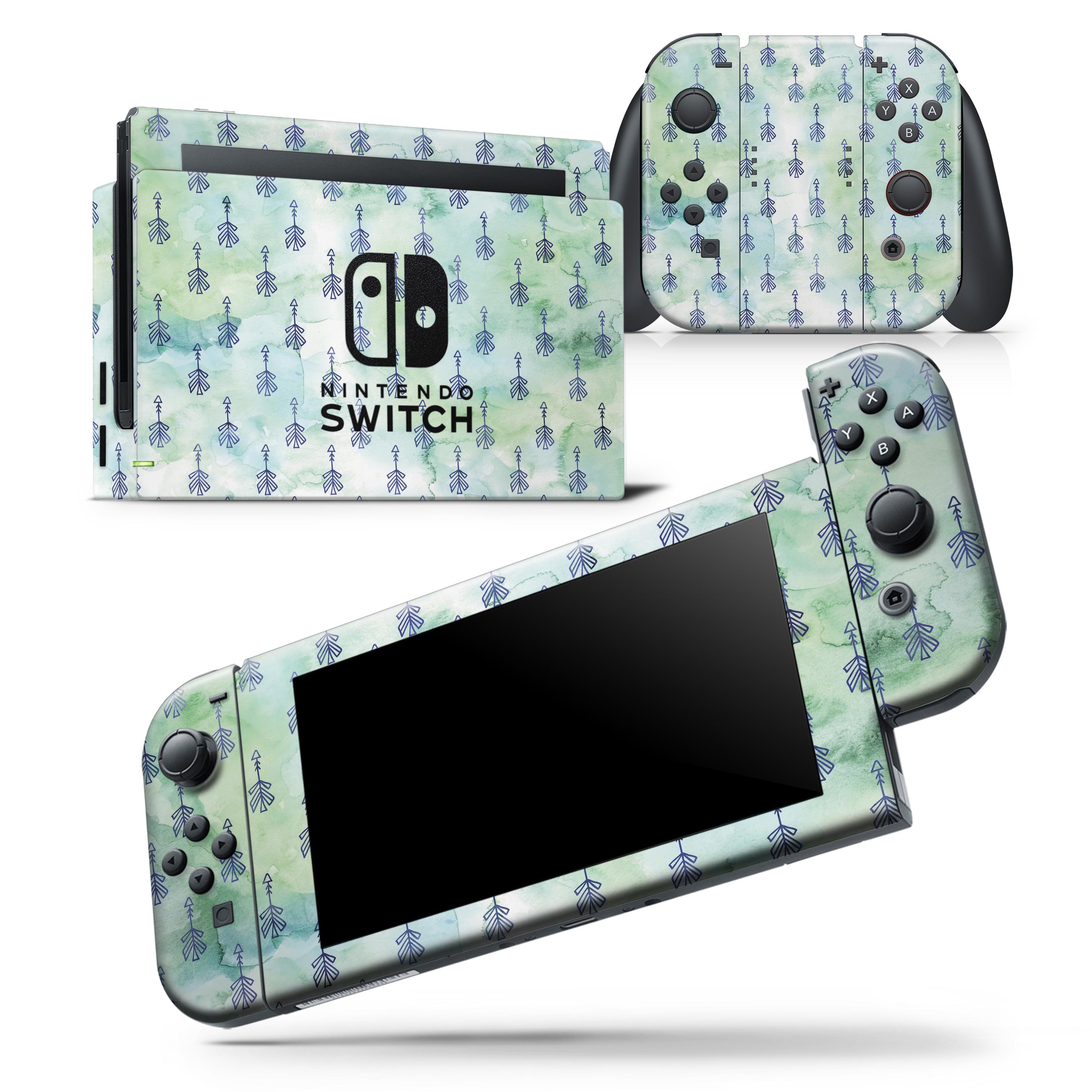 Green Watercolor Tribal Arrow Pattern skin wrap decal for Nintendo Switch, showcasing vibrant tribal designs and a sleek finish.