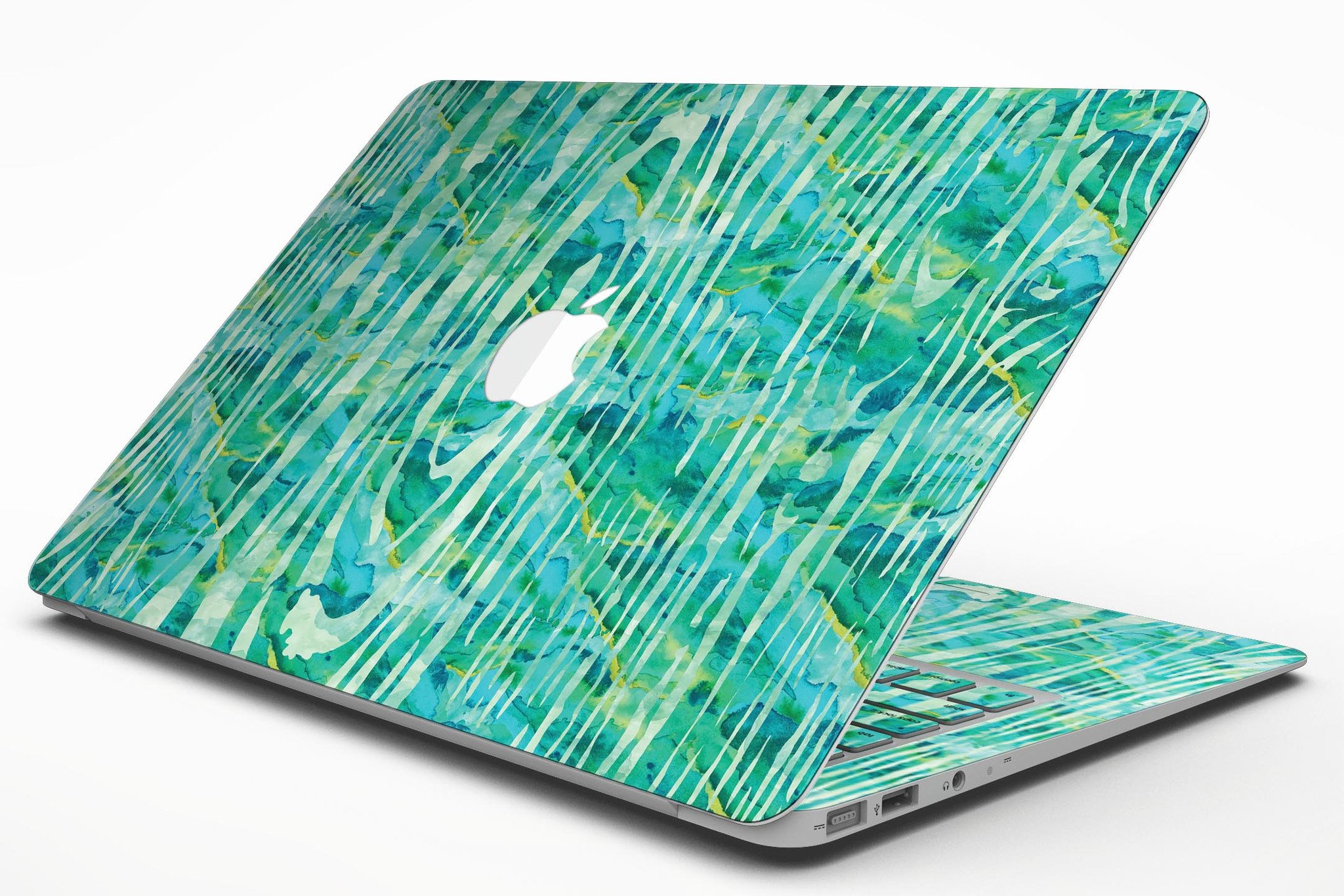 Green Watercolor Woodgrain MacBook Air Skin Kit showcasing a vibrant watercolor design on a sleek laptop.