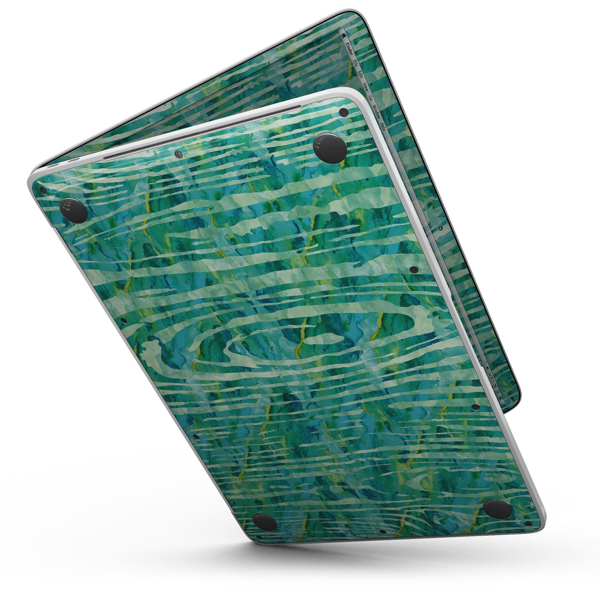 Green Watercolor Woodgrain skin applied to a MacBook Pro with Touch Bar, showcasing its vibrant design and sleek fit.