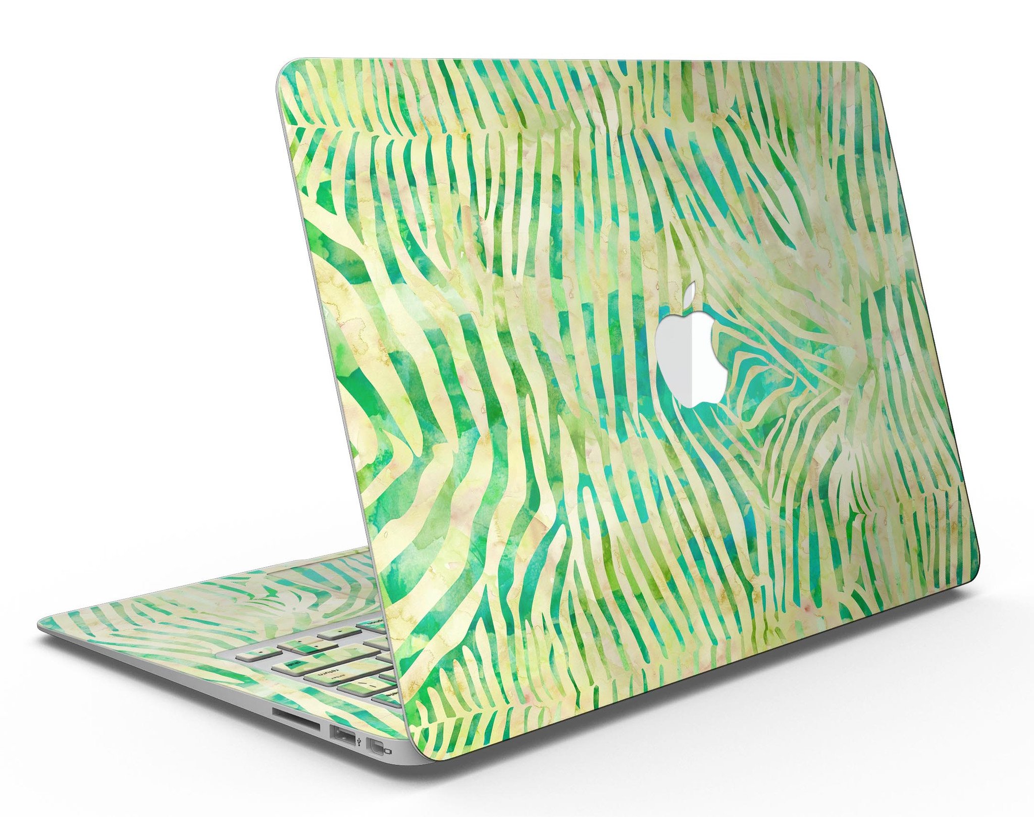 Green Watercolor Zebra Pattern MacBook Air Skin Kit showcasing vibrant design and premium vinyl material.