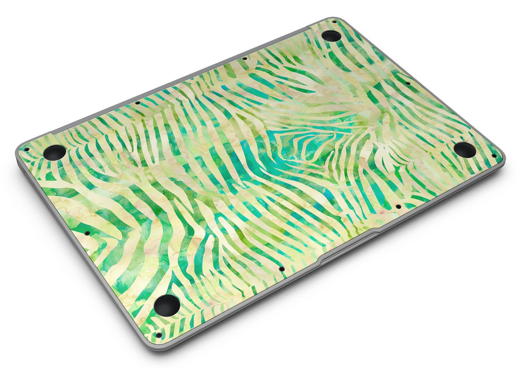 Green Watercolor Zebra Pattern MacBook Air Skin Kit showcasing vibrant design and premium vinyl material.