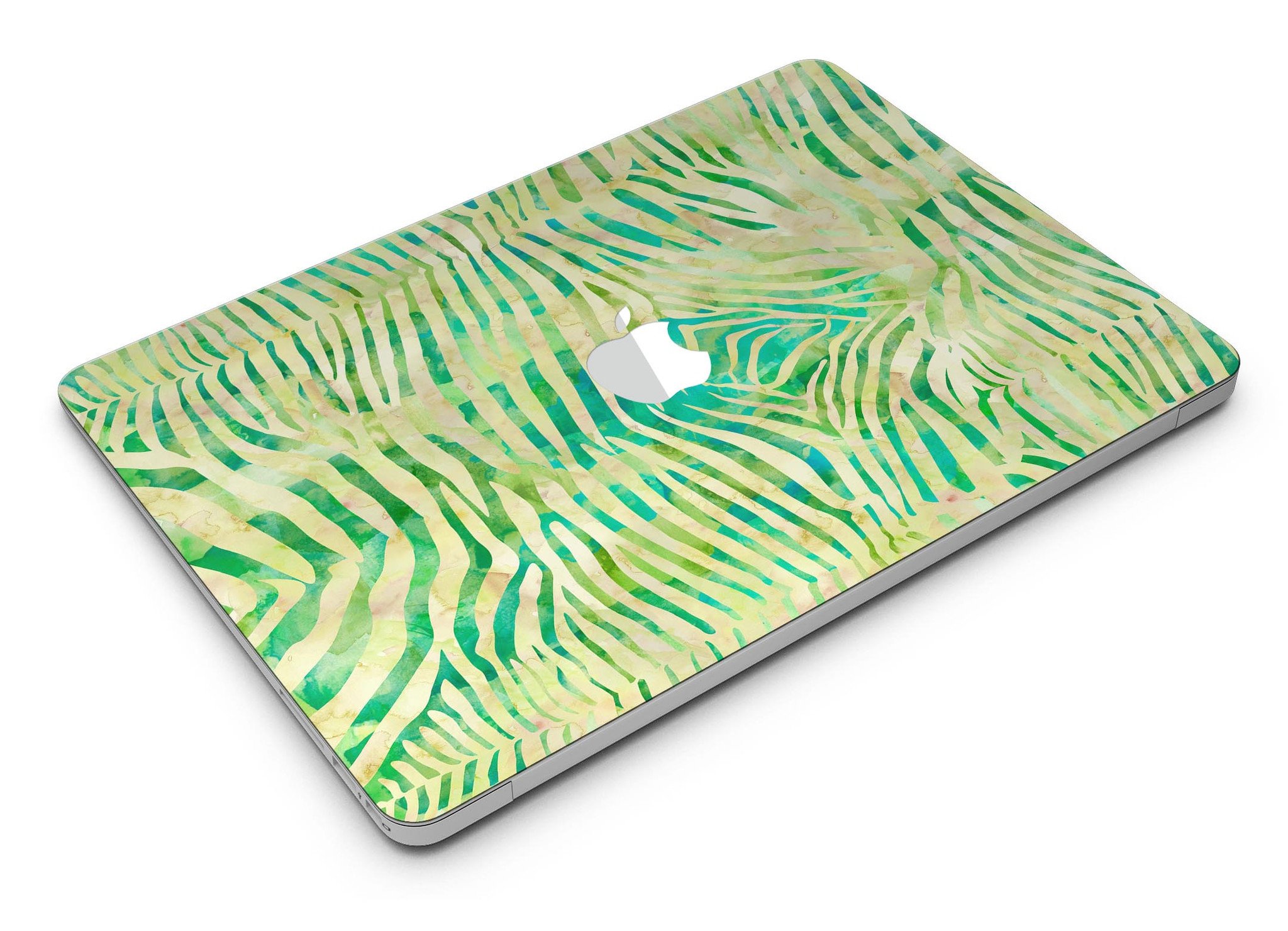 Green Watercolor Zebra Pattern MacBook Air Skin Kit showcasing vibrant design and premium vinyl material.