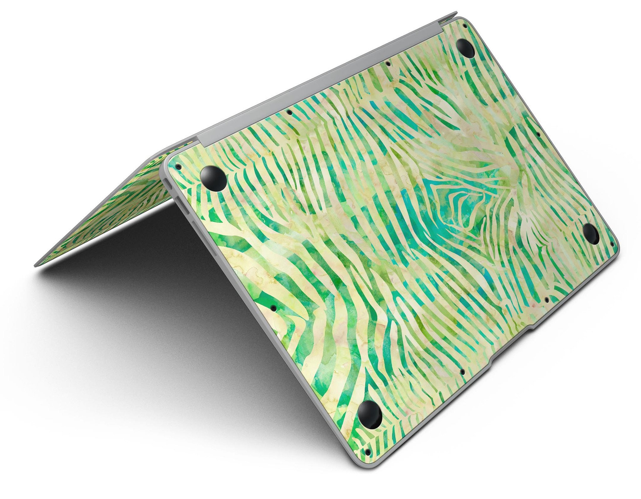 Green Watercolor Zebra Pattern MacBook Air Skin Kit showcasing vibrant design and premium vinyl material.