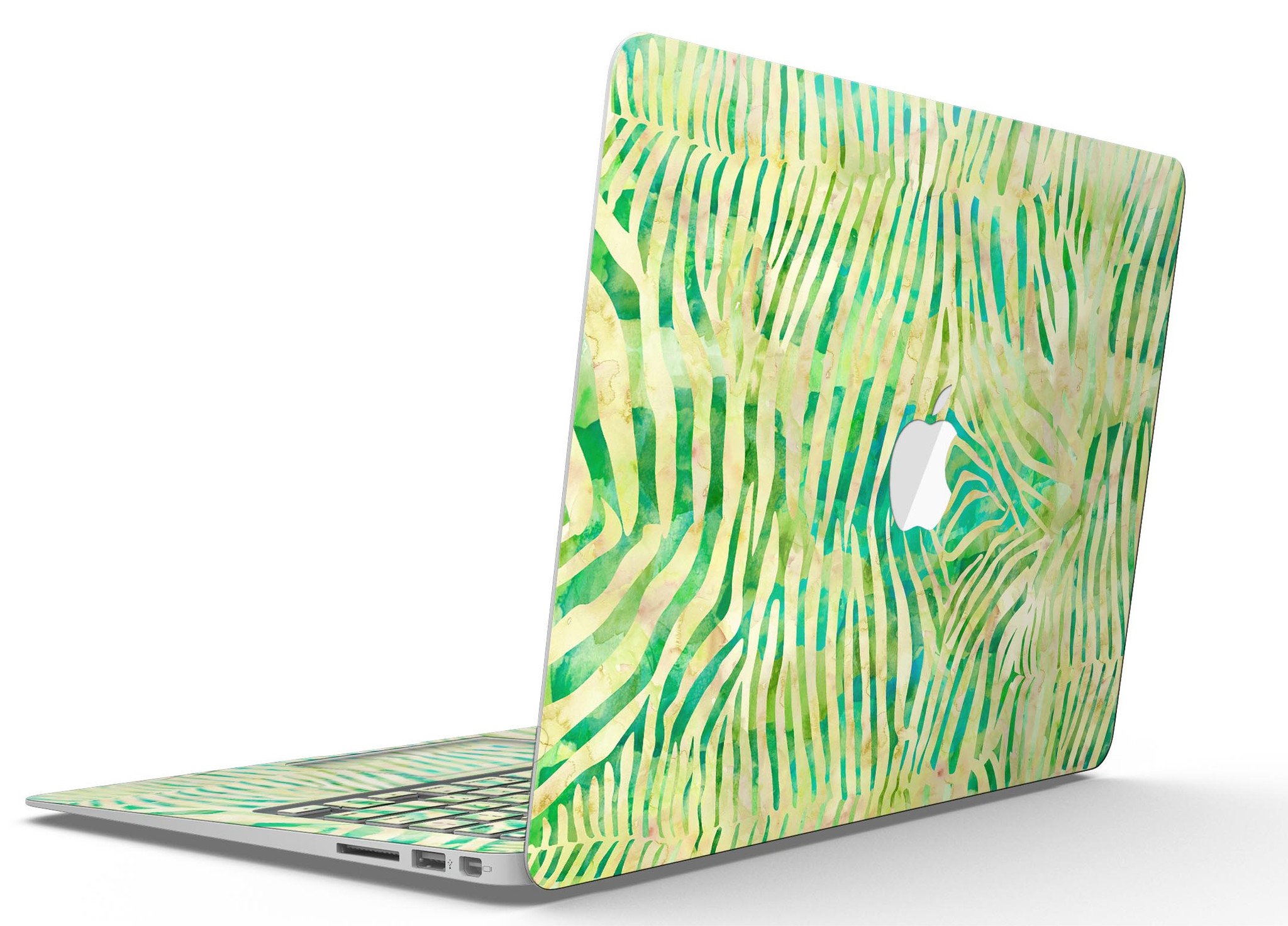 Green Watercolor Zebra Pattern MacBook Air Skin Kit showcasing vibrant design and premium vinyl material.