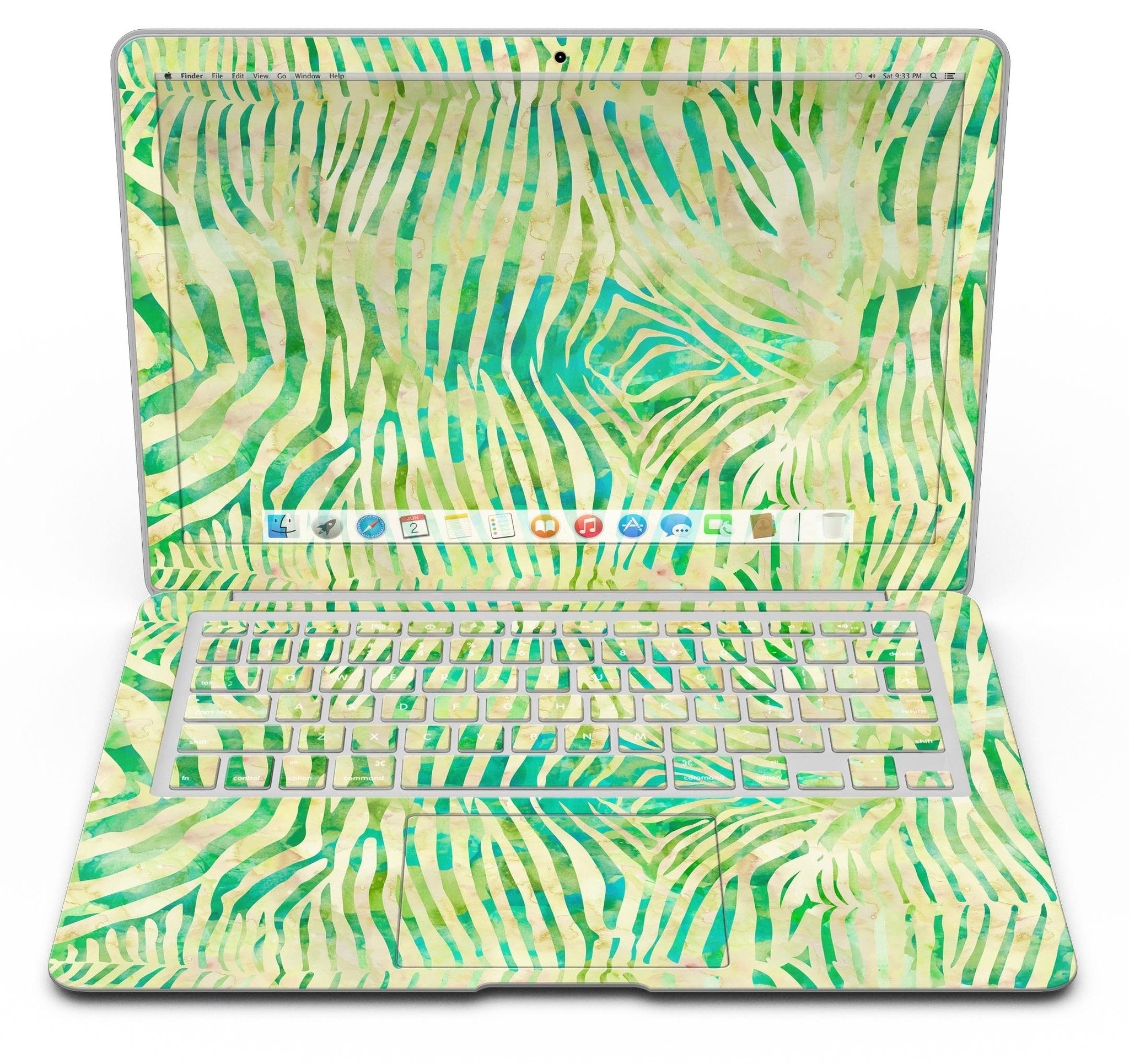Green Watercolor Zebra Pattern MacBook Air Skin Kit showcasing vibrant design and premium vinyl material.