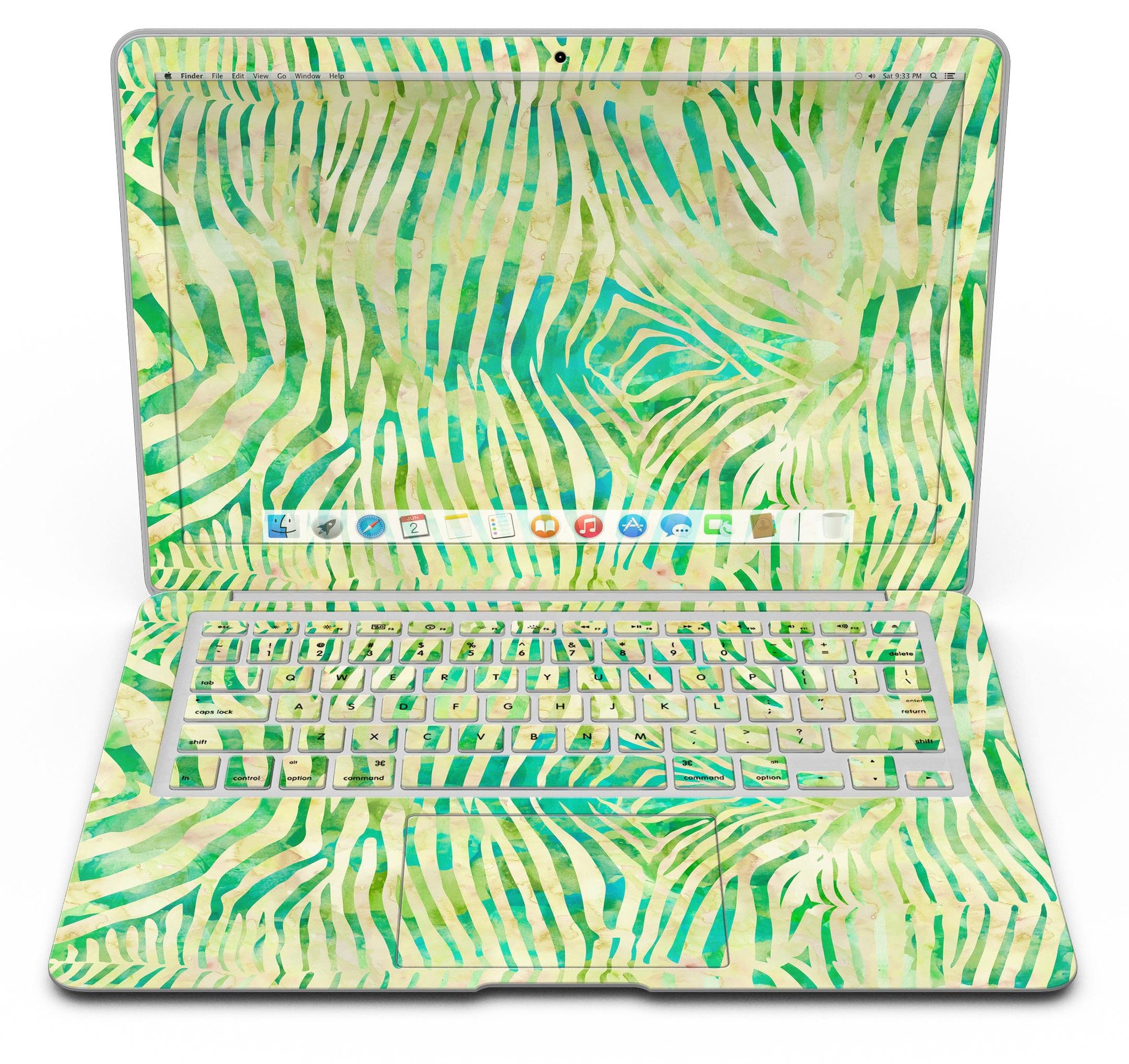 Green Watercolor Zebra Pattern MacBook Air Skin Kit showcasing vibrant design and premium vinyl material.