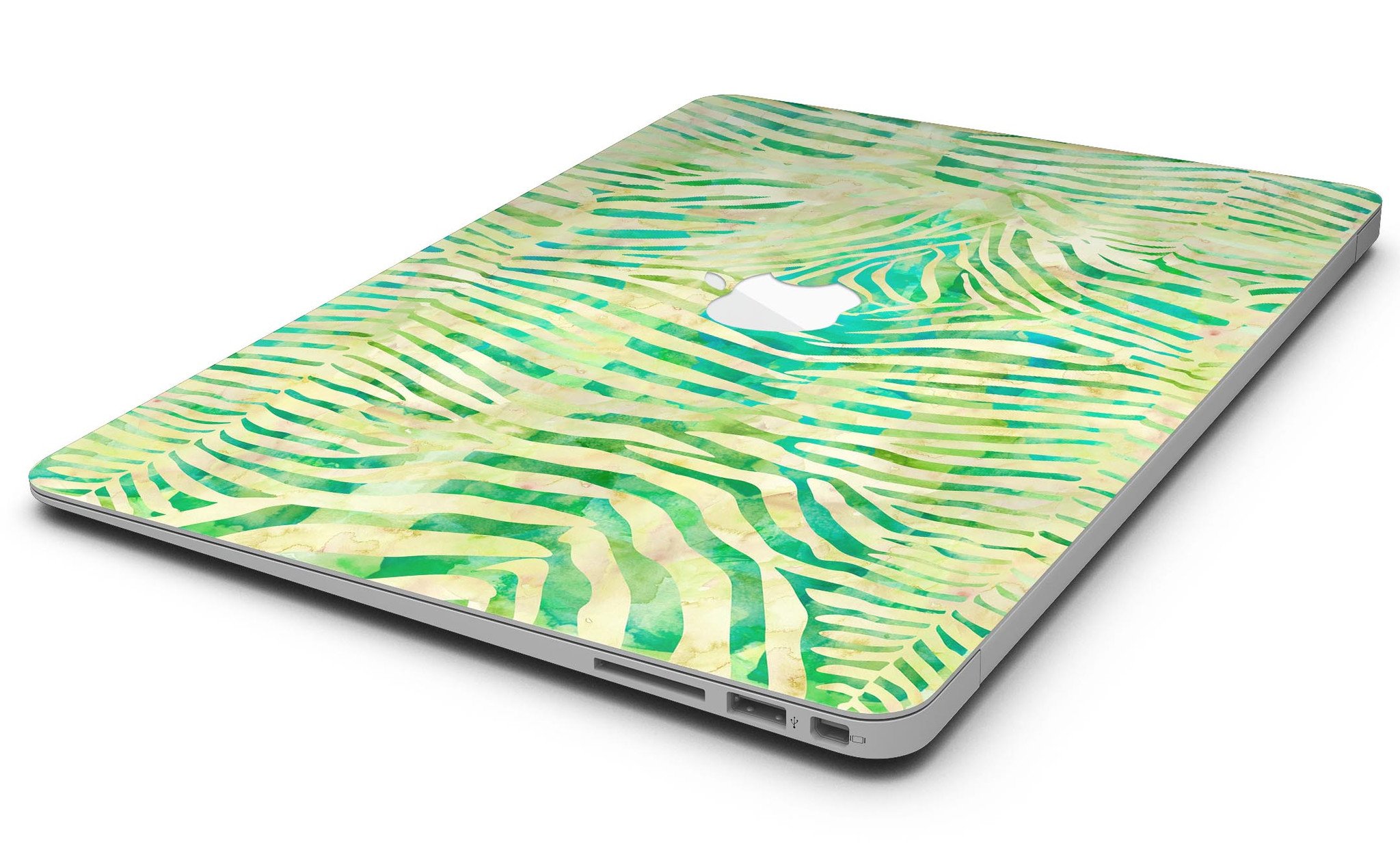 Green Watercolor Zebra Pattern MacBook Air Skin Kit showcasing vibrant design and premium vinyl material.