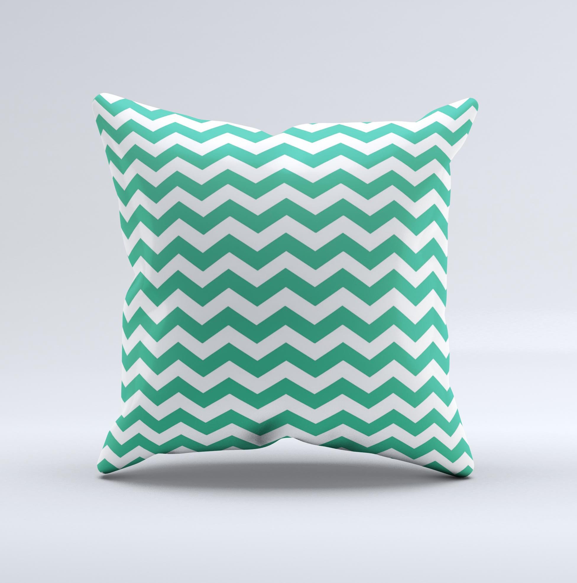 Green and white chevron pattern decorative throw pillow, handcrafted with high-quality materials, showcasing unique design imperfections.