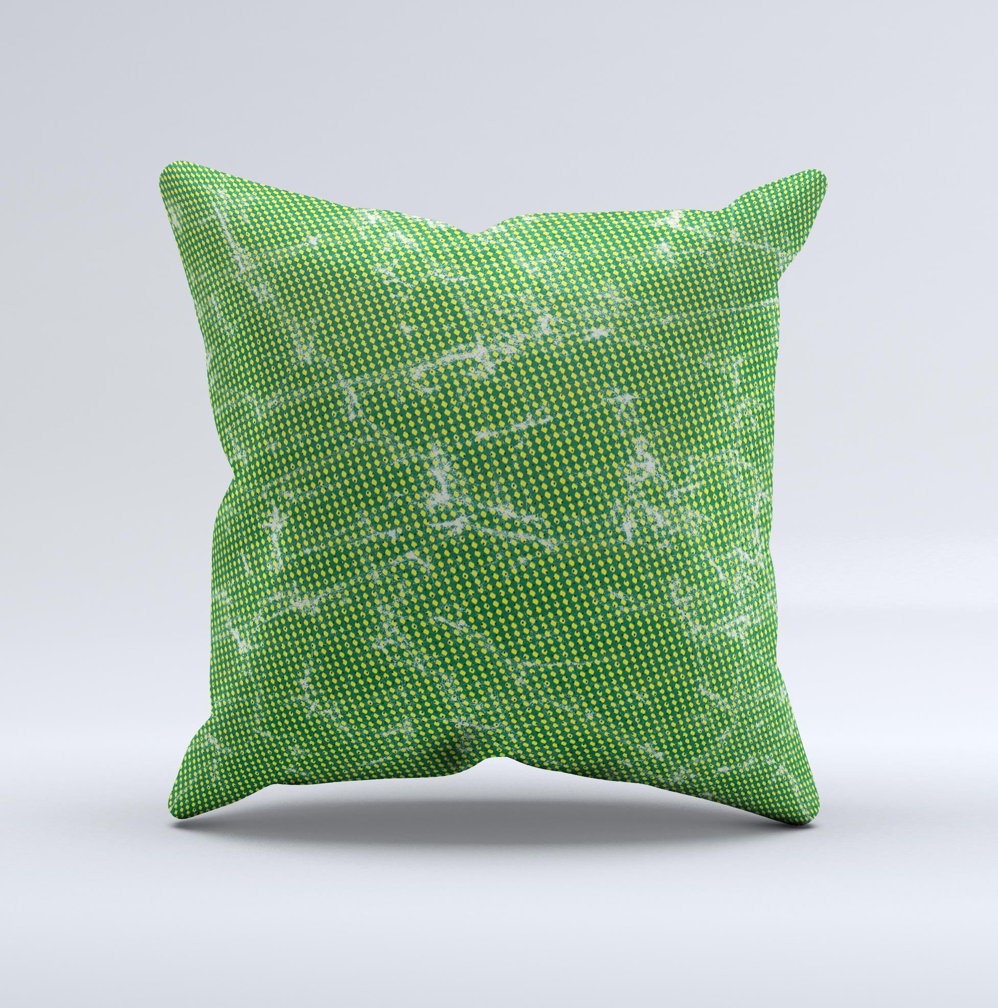 Green and yellow decorative throw pillow with mesh ink-fuzed design, handcrafted in Virginia, showcasing unique patterns and high-quality fabric.