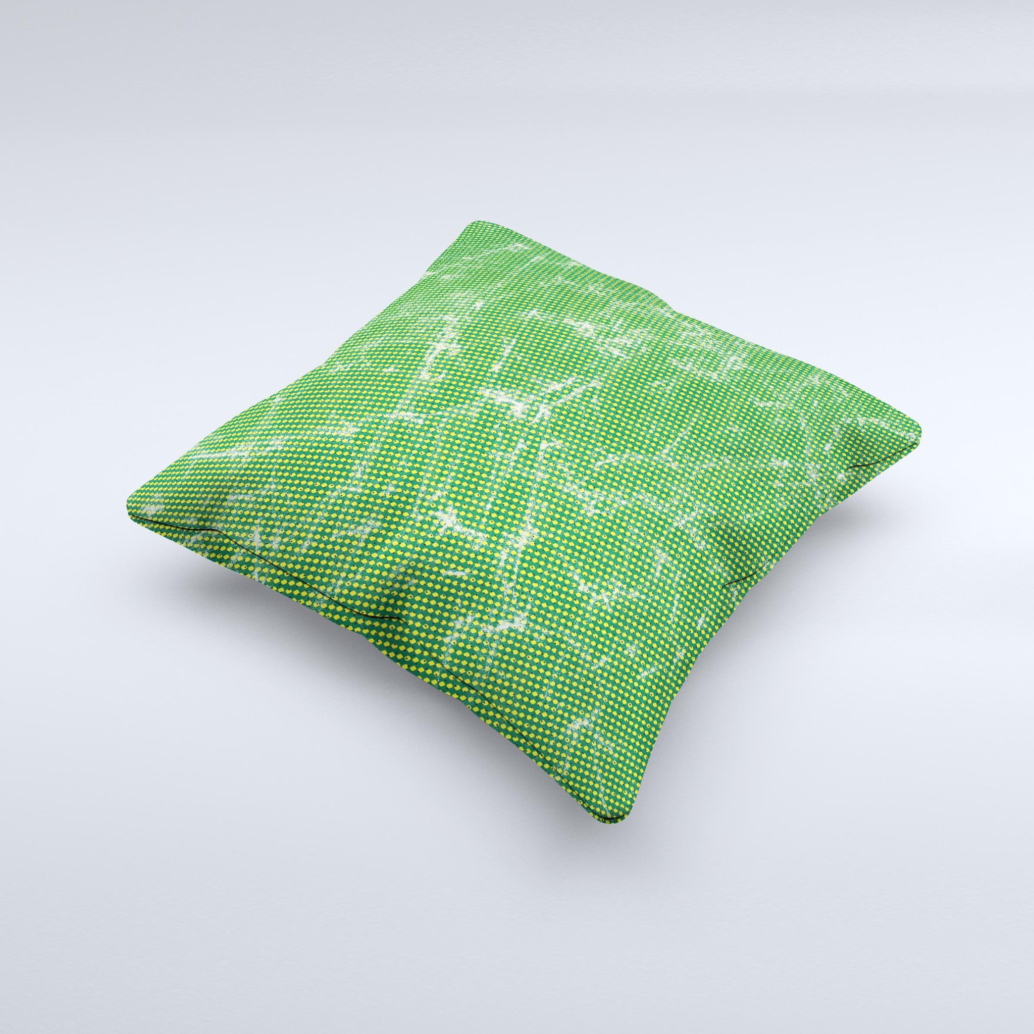 Green and yellow decorative throw pillow with mesh ink-fuzed design, handcrafted in Virginia, showcasing unique patterns and high-quality fabric.