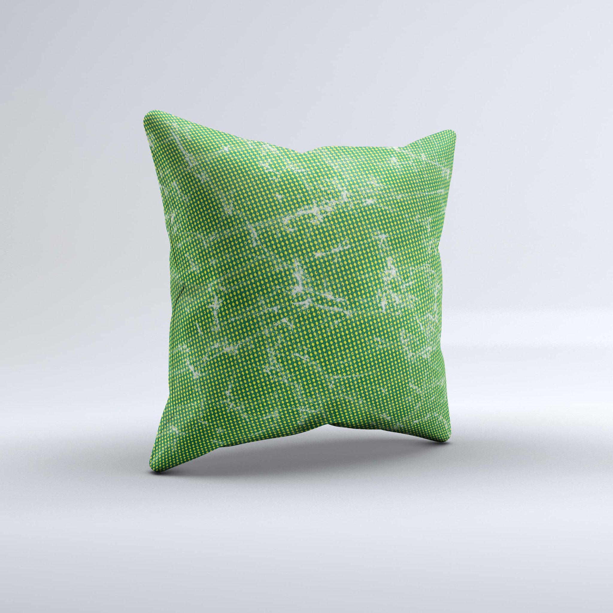 Green and yellow decorative throw pillow with mesh ink-fuzed design, handcrafted in Virginia, showcasing unique patterns and high-quality fabric.
