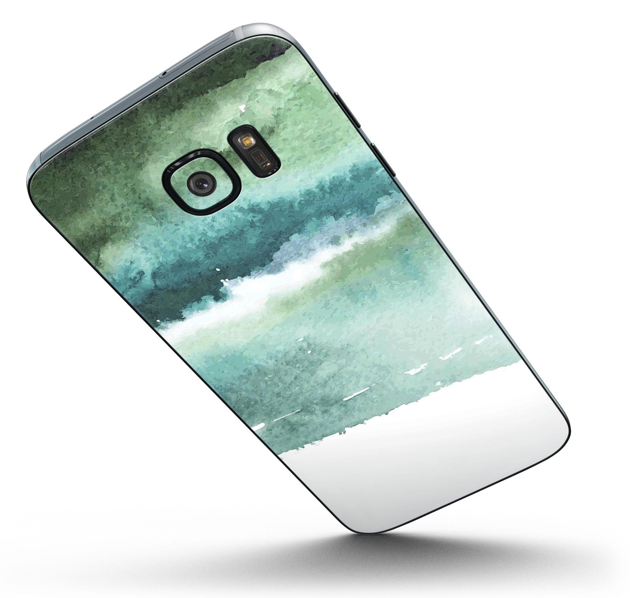 Greenish Watercolor Strokes skin for Samsung Galaxy S7/S7 Edge, showcasing vibrant colors and premium vinyl material.