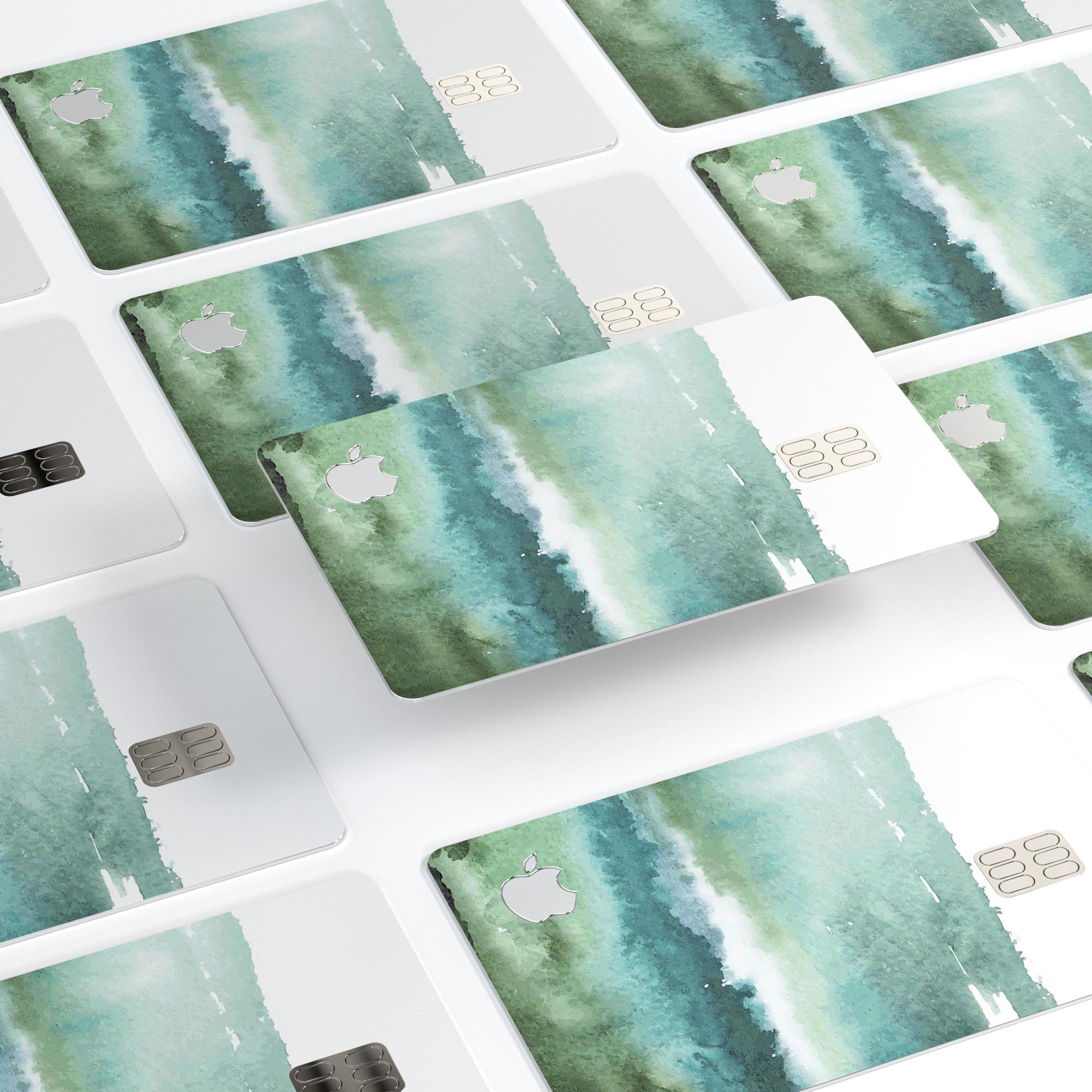 Greenish Watercolor Strokes decal skin for Apple Card, showcasing vibrant colors and premium finish.