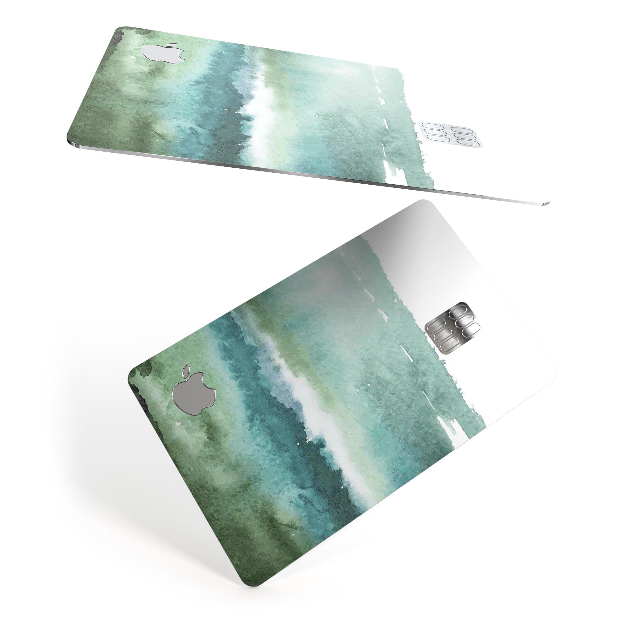 Greenish Watercolor Strokes decal skin for Apple Card, showcasing vibrant colors and premium finish.
