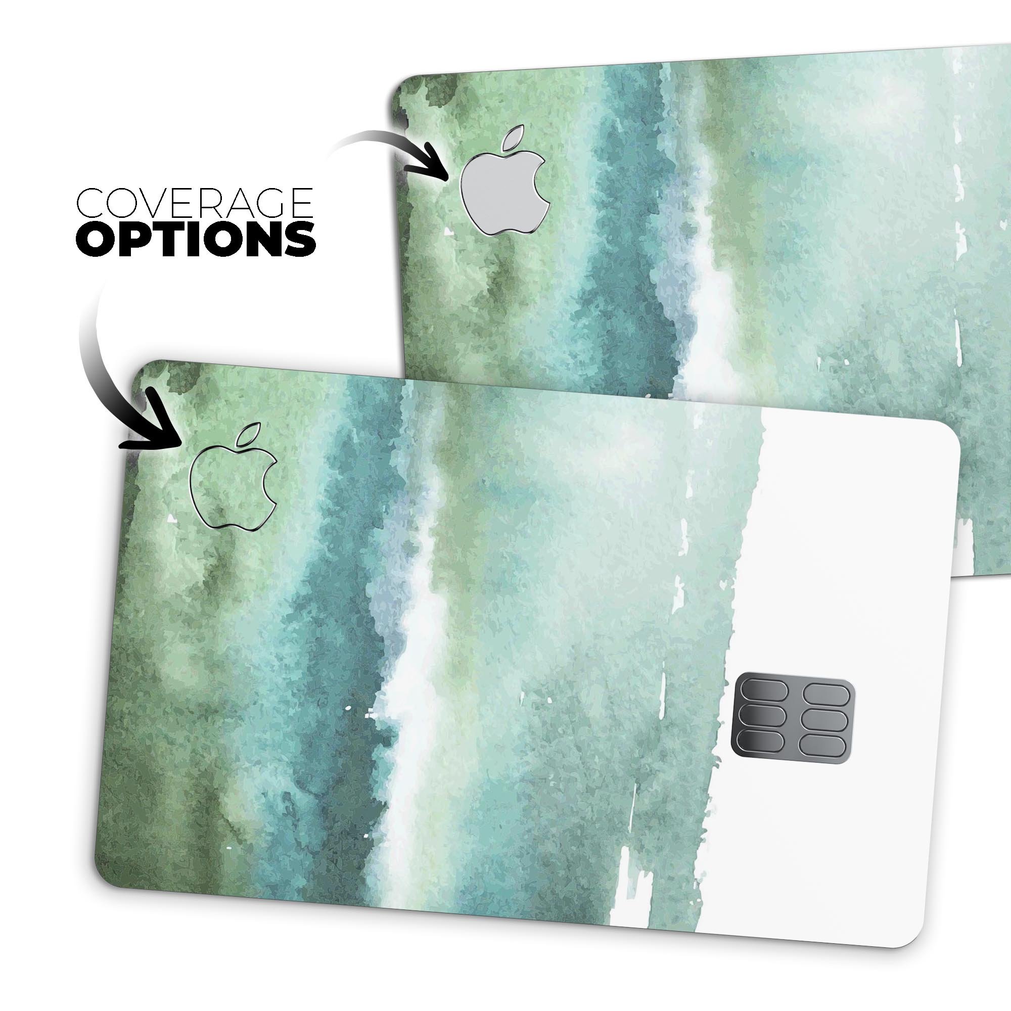 Greenish Watercolor Strokes decal skin for Apple Card, showcasing vibrant colors and premium finish.