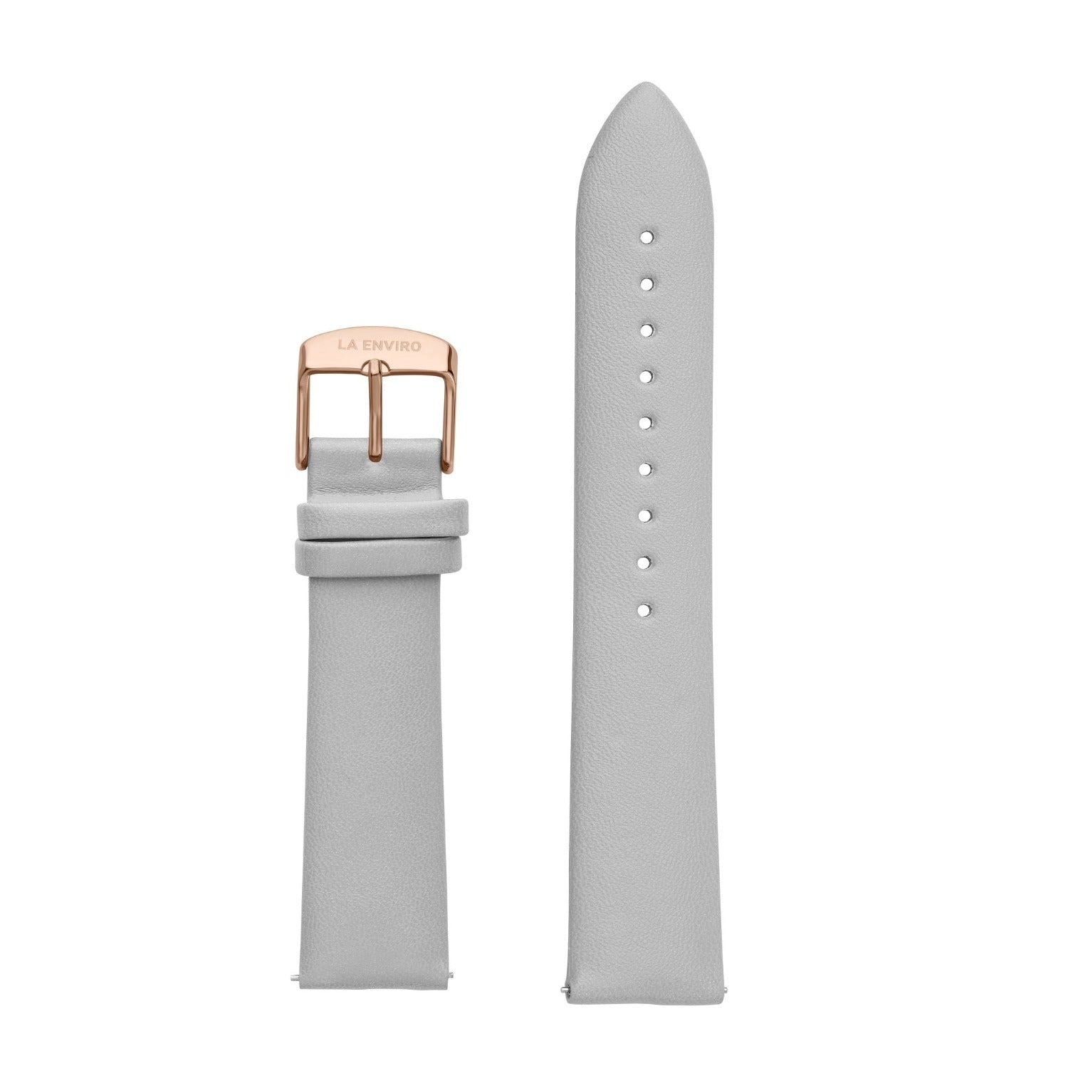 GREY Unstitched Strap made of vegan leather, featuring a 20MM width and stainless steel buckle options in rose gold, black, gold, and silver.