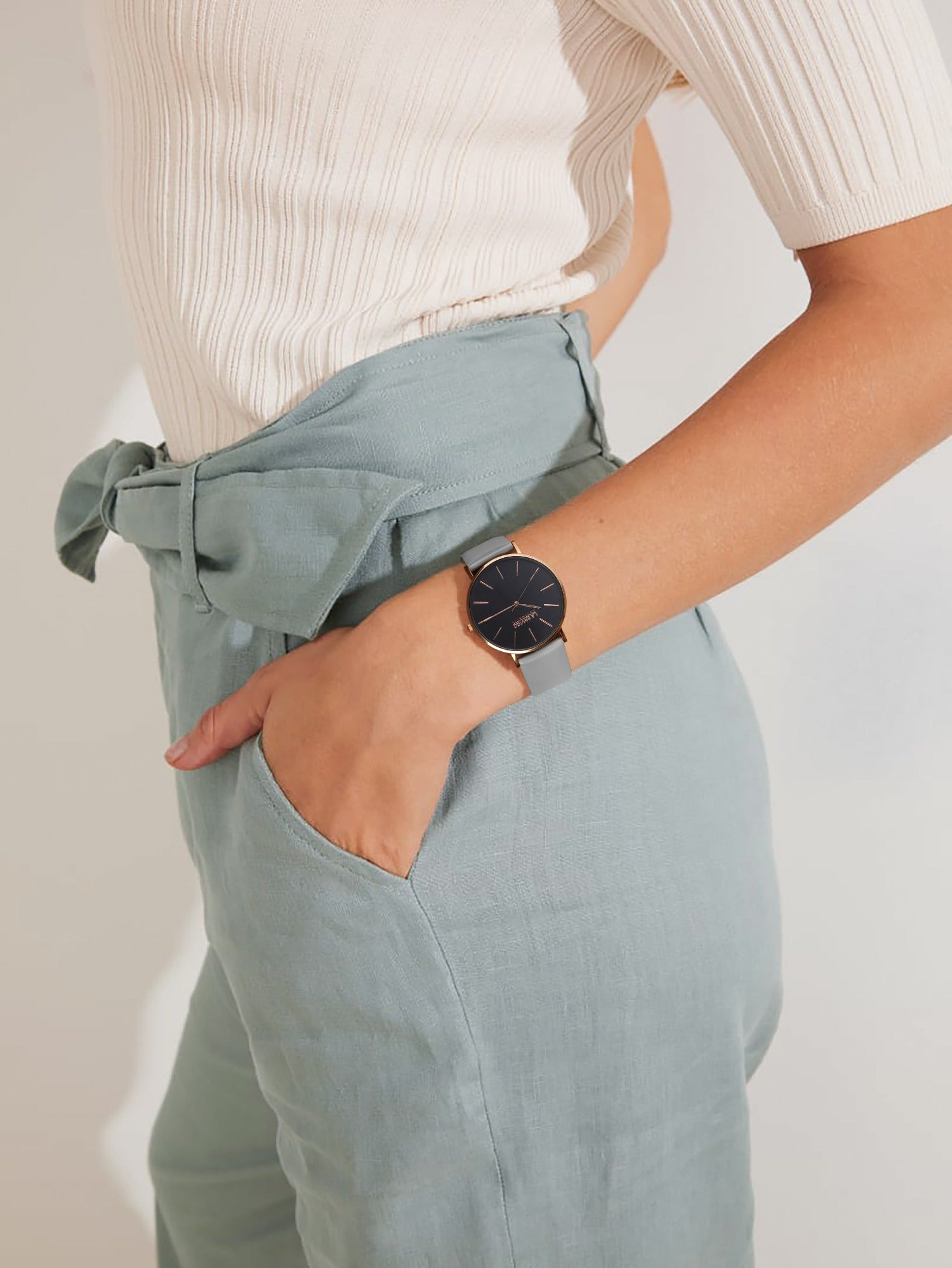 GREY Unstitched Strap made of vegan leather, featuring a 20MM width and stainless steel buckle options in rose gold, black, gold, and silver.