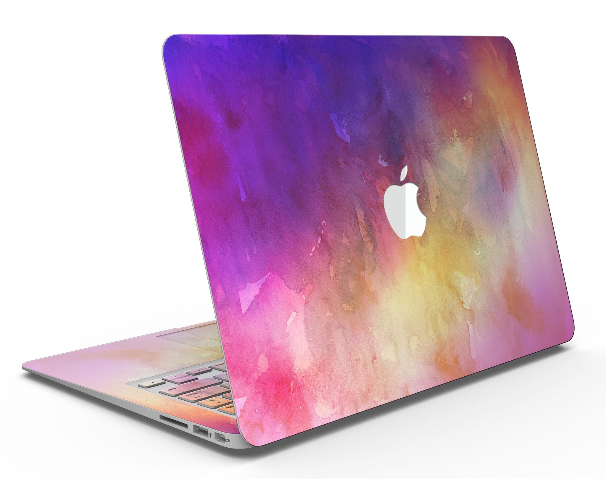 Grunge Absorbed Watercolor Texture skin applied to a MacBook Air, showcasing vibrant colors and artistic design.