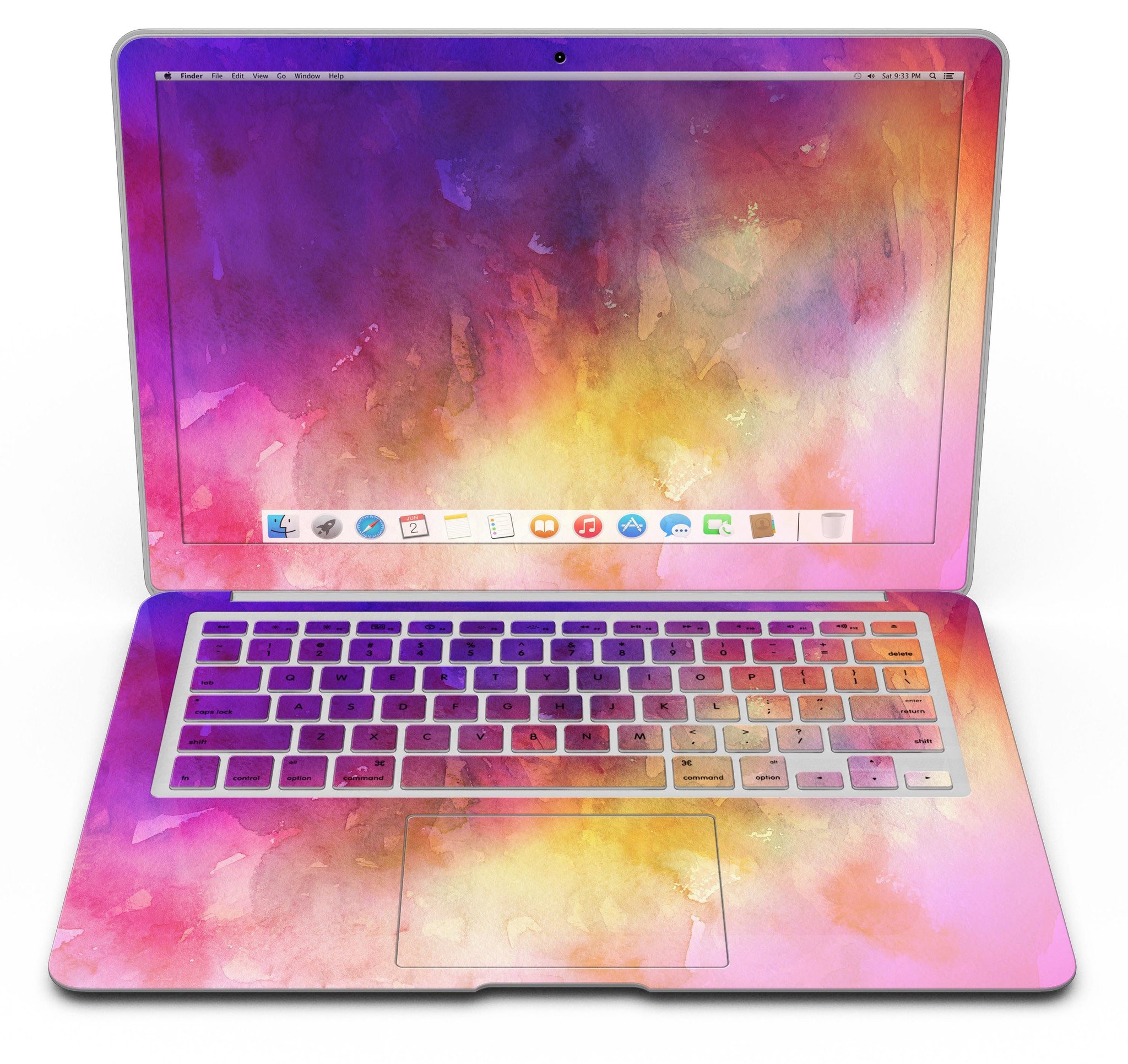 Grunge Absorbed Watercolor Texture skin applied to a MacBook Air, showcasing vibrant colors and artistic design.