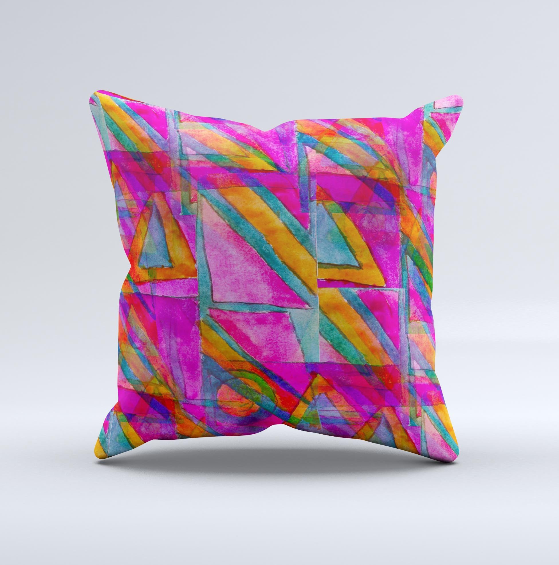 Grunge Abstract Pink Painted Shapes Decorative Throw Pillow showcasing unique hand-painted design with soft pink hues and high-quality fabric.