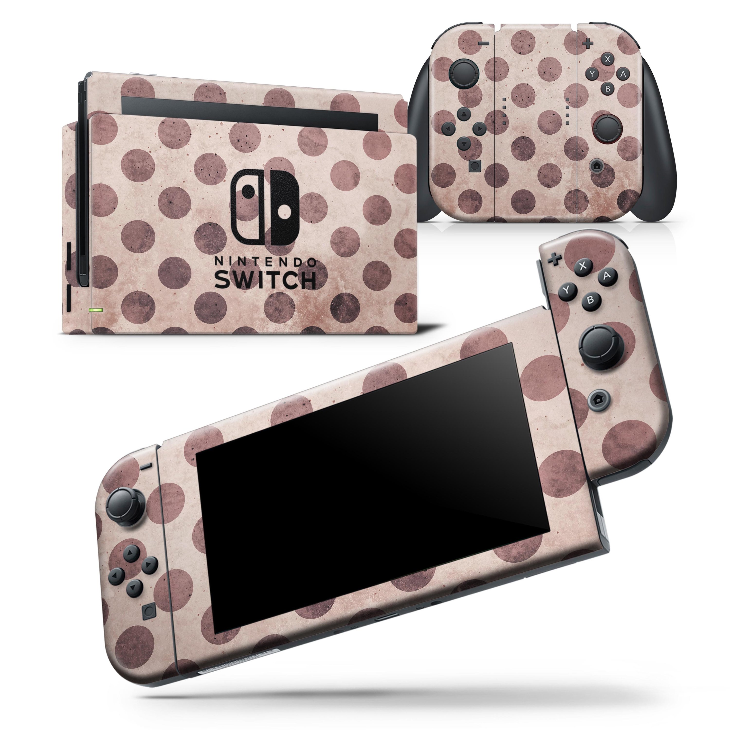 Grunge Brown and Tan Polkadot Pattern Skin Wrap Decal for Nintendo Switch, showcasing a stylish design that fits snugly on the console and controllers.