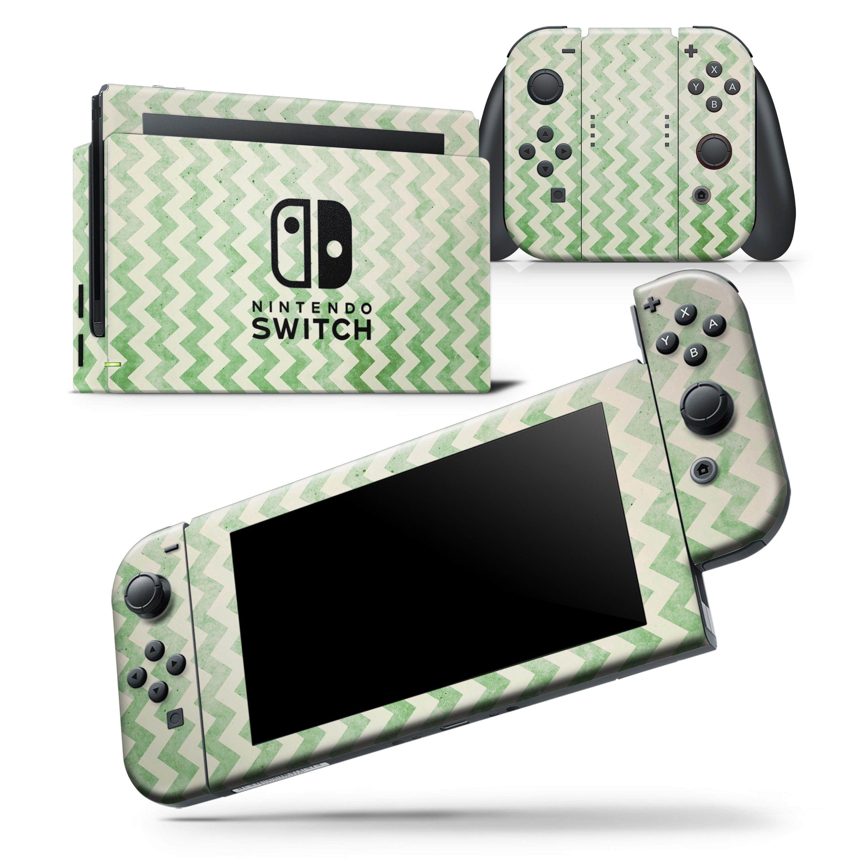 Grunge Green Horizontal Chevron Pattern Skin Wrap Decal for Nintendo Switch, showcasing a stylish design that fits snugly on the console and controllers.