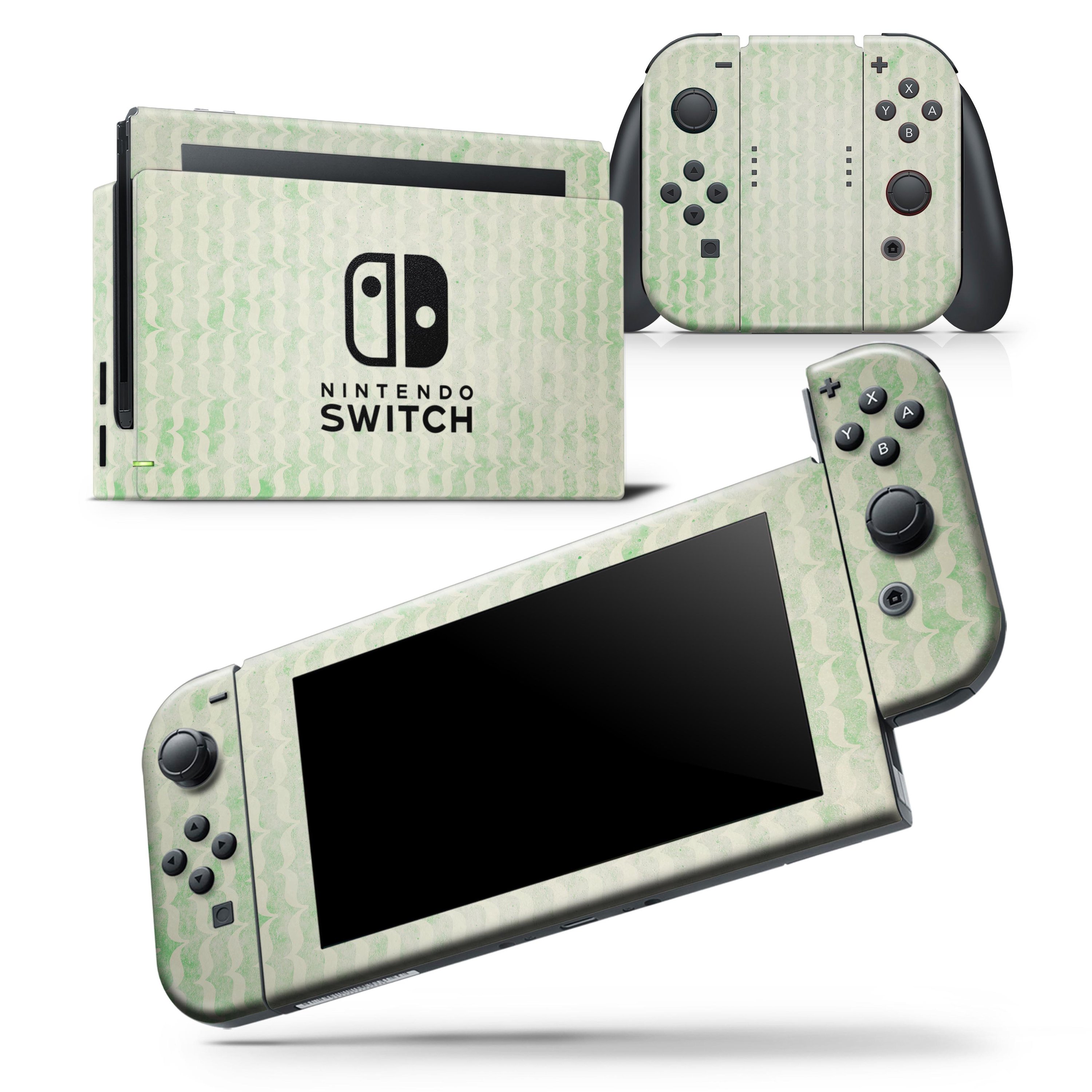 Grunge Green Micro Mustache Pattern skin wrap decal for Nintendo Switch, showcasing a stylish design that fits snugly on the console and controllers.