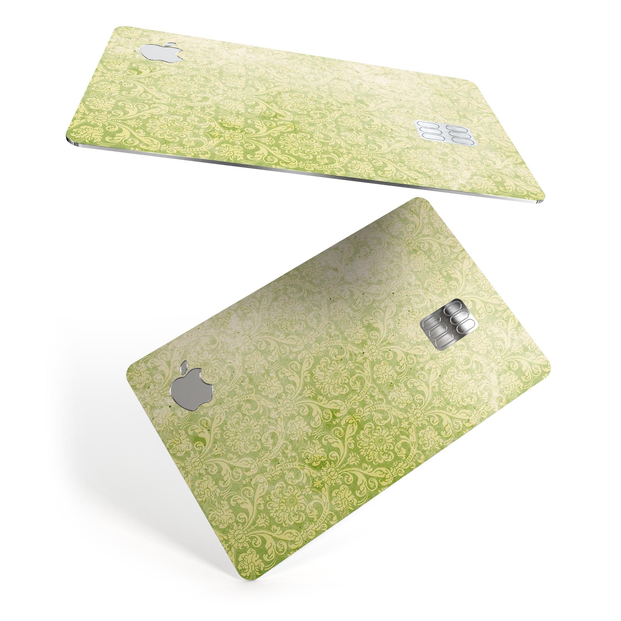 Grunge Green Yellow Damask Pattern skin for Apple Card, showcasing a stylish design with premium vinyl protection.