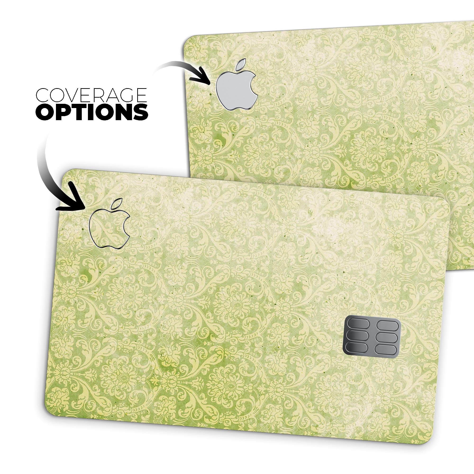 Grunge Green Yellow Damask Pattern skin for Apple Card, showcasing a stylish design with premium vinyl protection.