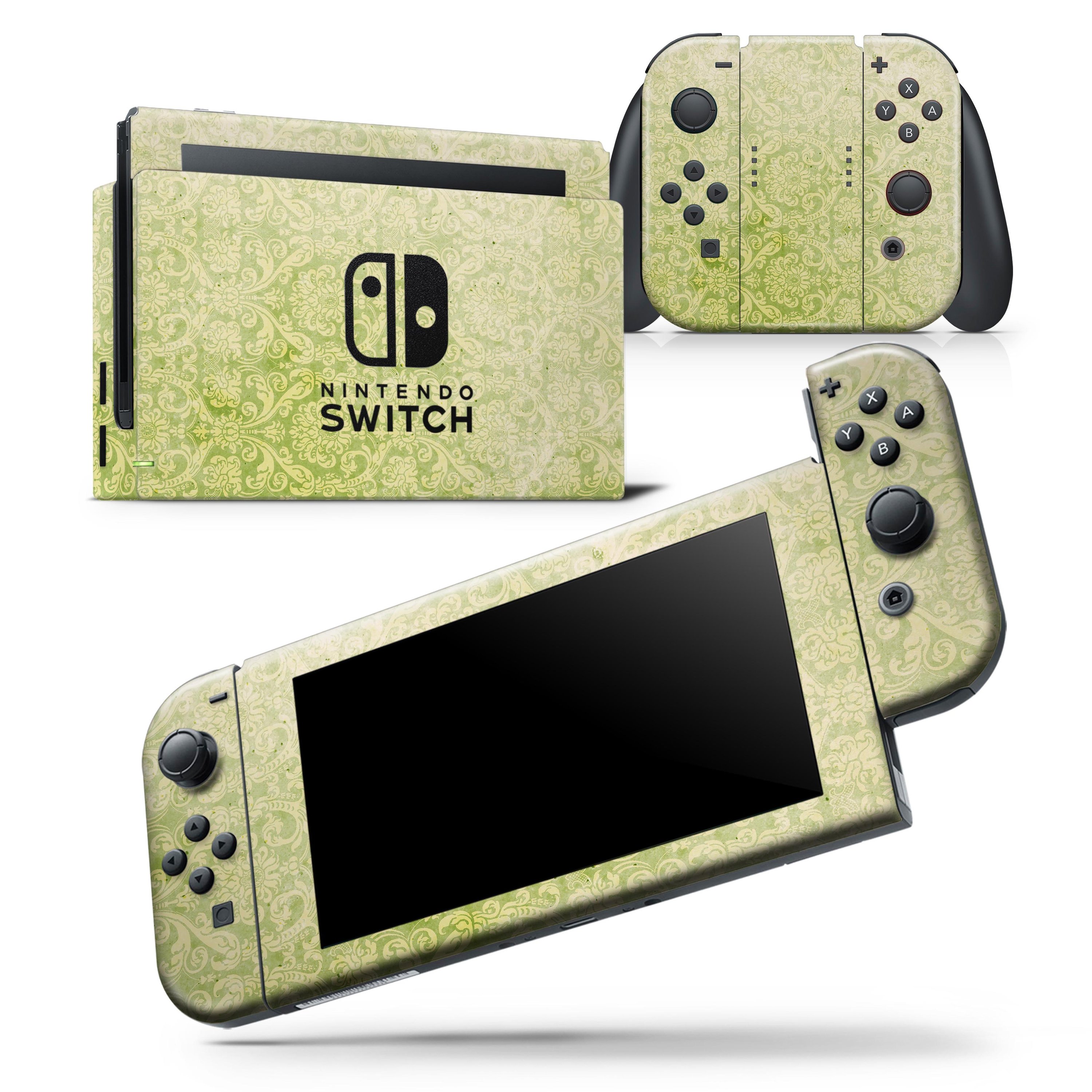 Grunge Green Yellow Damask Pattern Skin Wrap Decal for Nintendo Switch, showcasing a stylish design that fits snugly on the console and controllers.