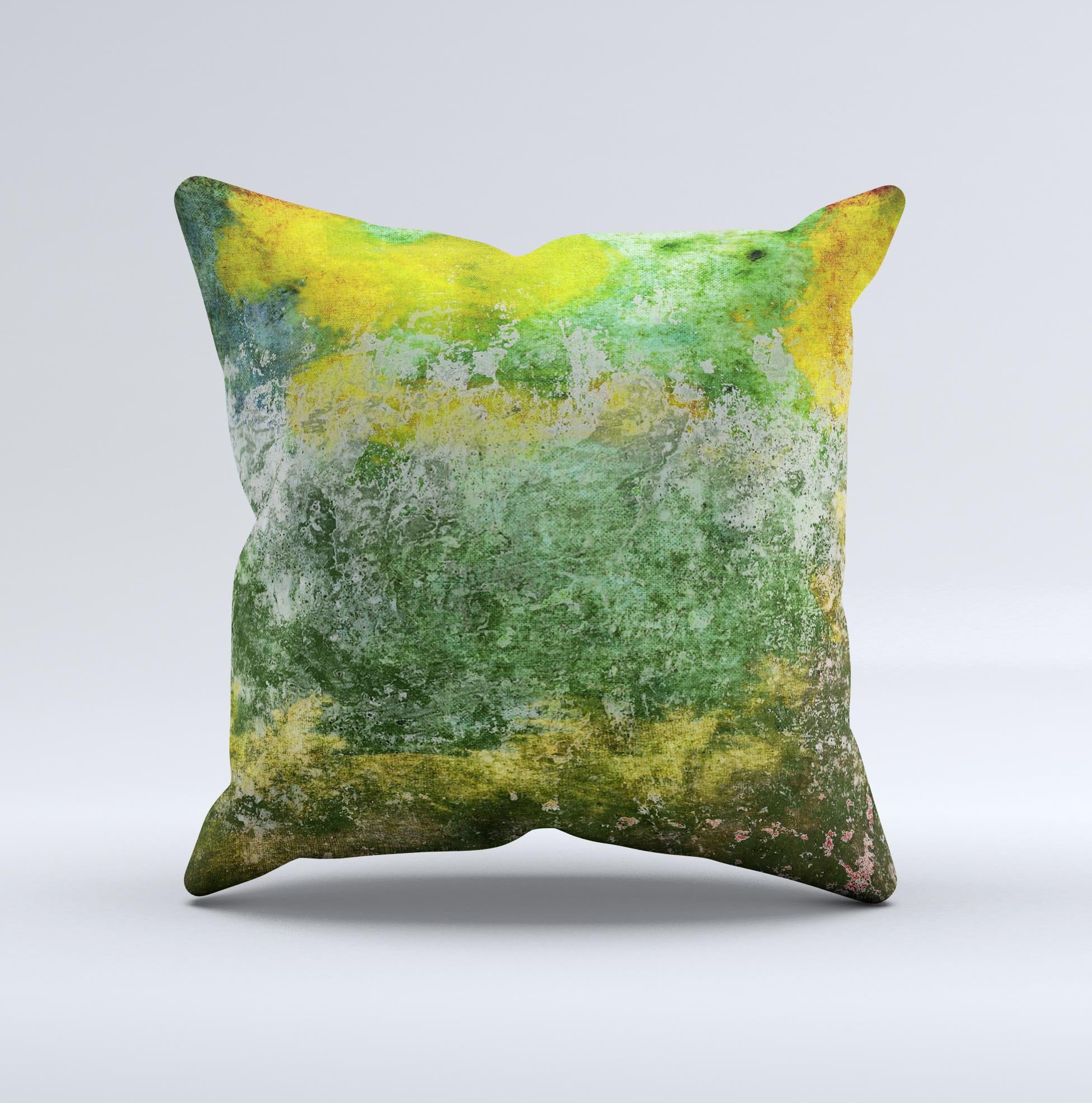 Grunge Green & Yellow Surface Ink-Fuzed Decorative Throw Pillow showcasing unique handcrafted design with vibrant colors.