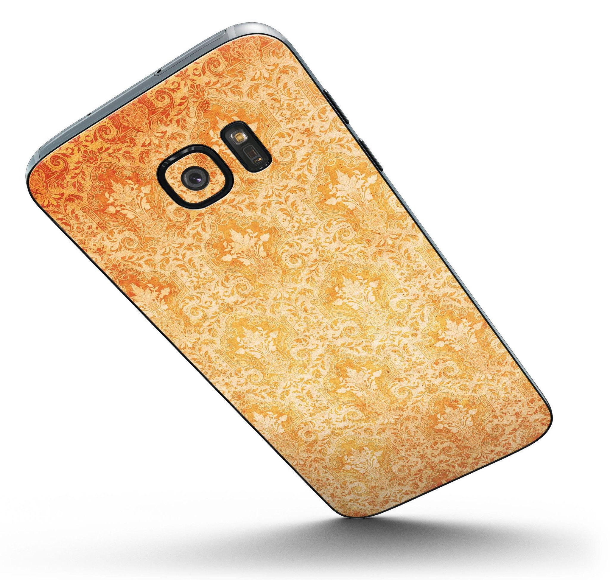 Grunge Orange Damask Pattern skin kit for Samsung Galaxy S7/S7 Edge, showcasing vibrant design and full-body coverage.