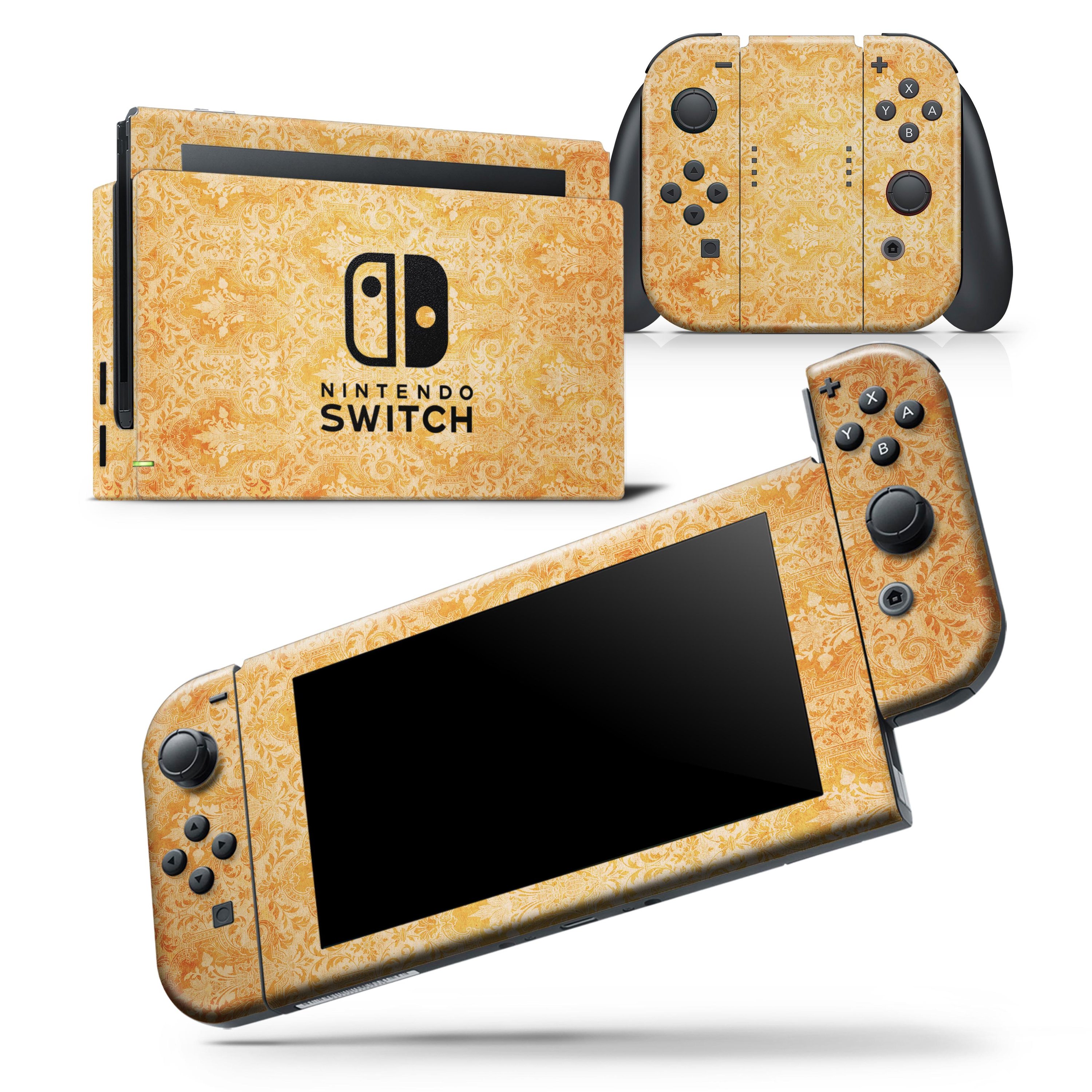Grunge Orange Damask Pattern Skin Wrap Decal for Nintendo Switch, showcasing vibrant colors and intricate design.
