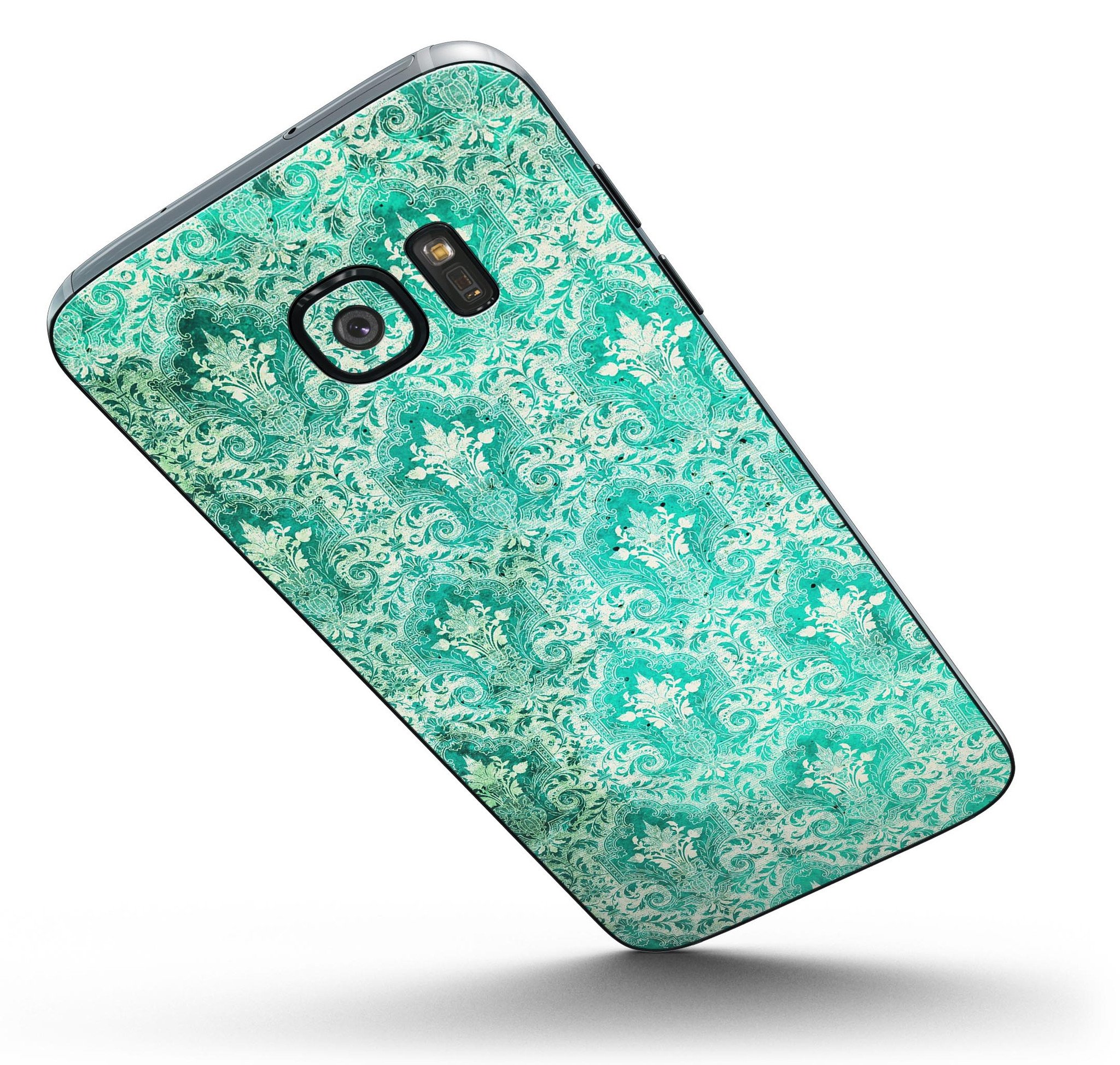 Grunge Teal Damask Pattern skin kit for Samsung Galaxy S7 and S7 Edge, showcasing vibrant design and premium vinyl material.